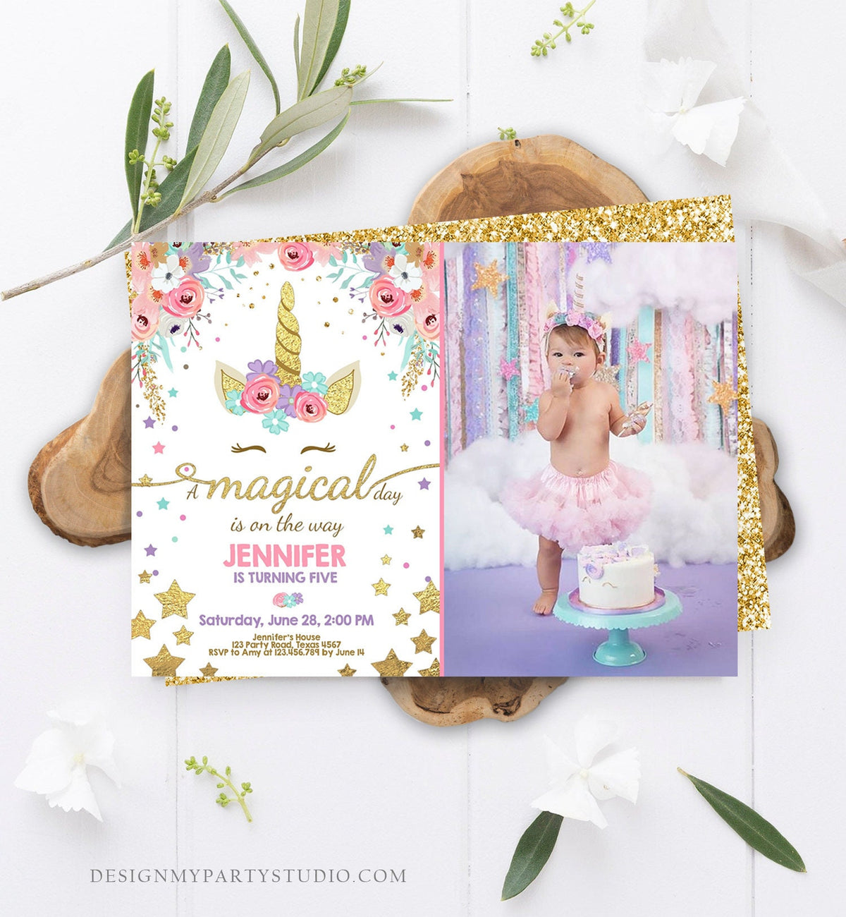 Editable Magical Unicorn Birthday Invitation Magical Day Rainbow Pastel Pink Girl Gold Stars Floral Download Corjl Template Printable 0041