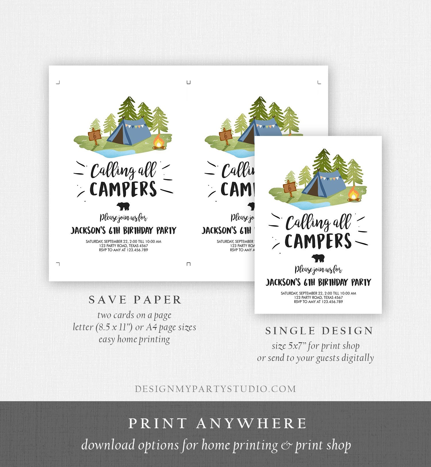 Editable Glamping Party Invitation Camp Out Birthday Invite Bonfire Outdoor Camping Tent Boy Blue Download Printable Template Corjl 0302