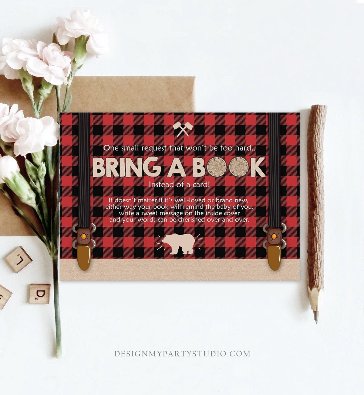 Editable Bring a Book Card Lumberjack Baby Shower Buffalo Plaid Book Insert Books for Baby Book Request Bear Template PRINTABLE Corjl 0026