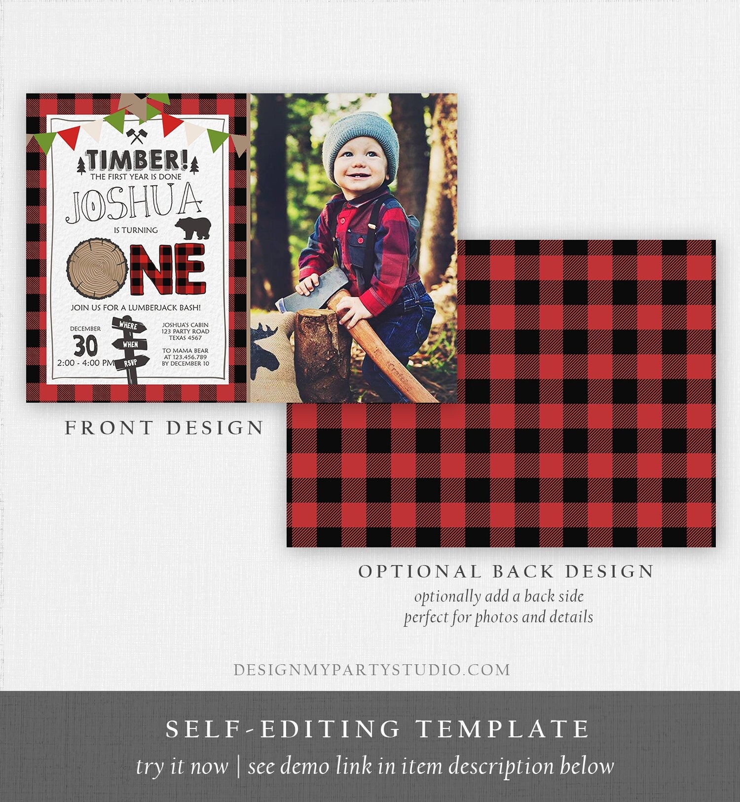 Editable Lumberjack First Birthday Invitation One Lumberjack 1st Birthday Buffalo Plaid Outdoor Bear Boy Printable Corjl Template 0377