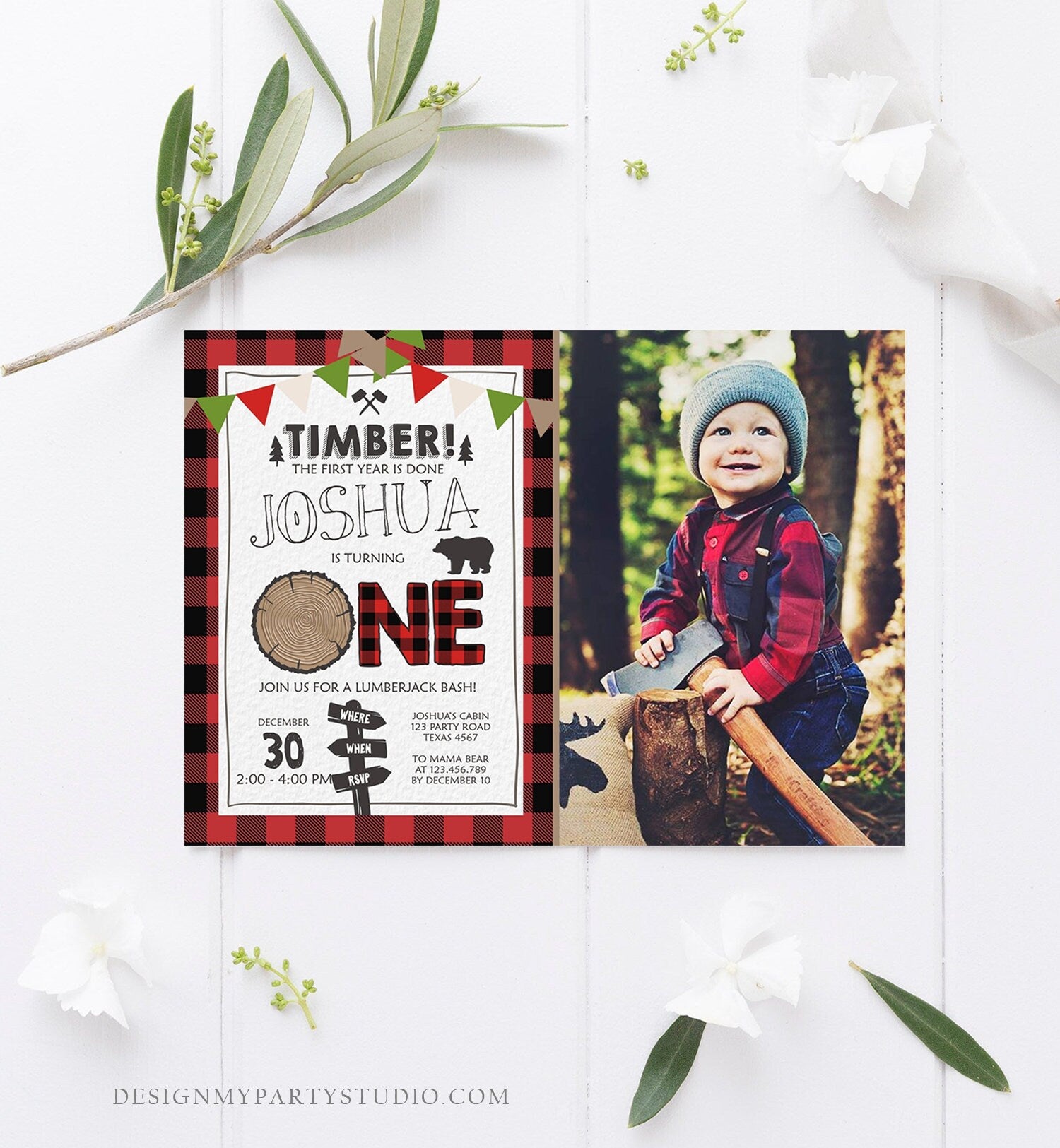 Editable Lumberjack First Birthday Invitation One Lumberjack 1st Birthday Buffalo Plaid Outdoor Bear Boy Printable Corjl Template 0377