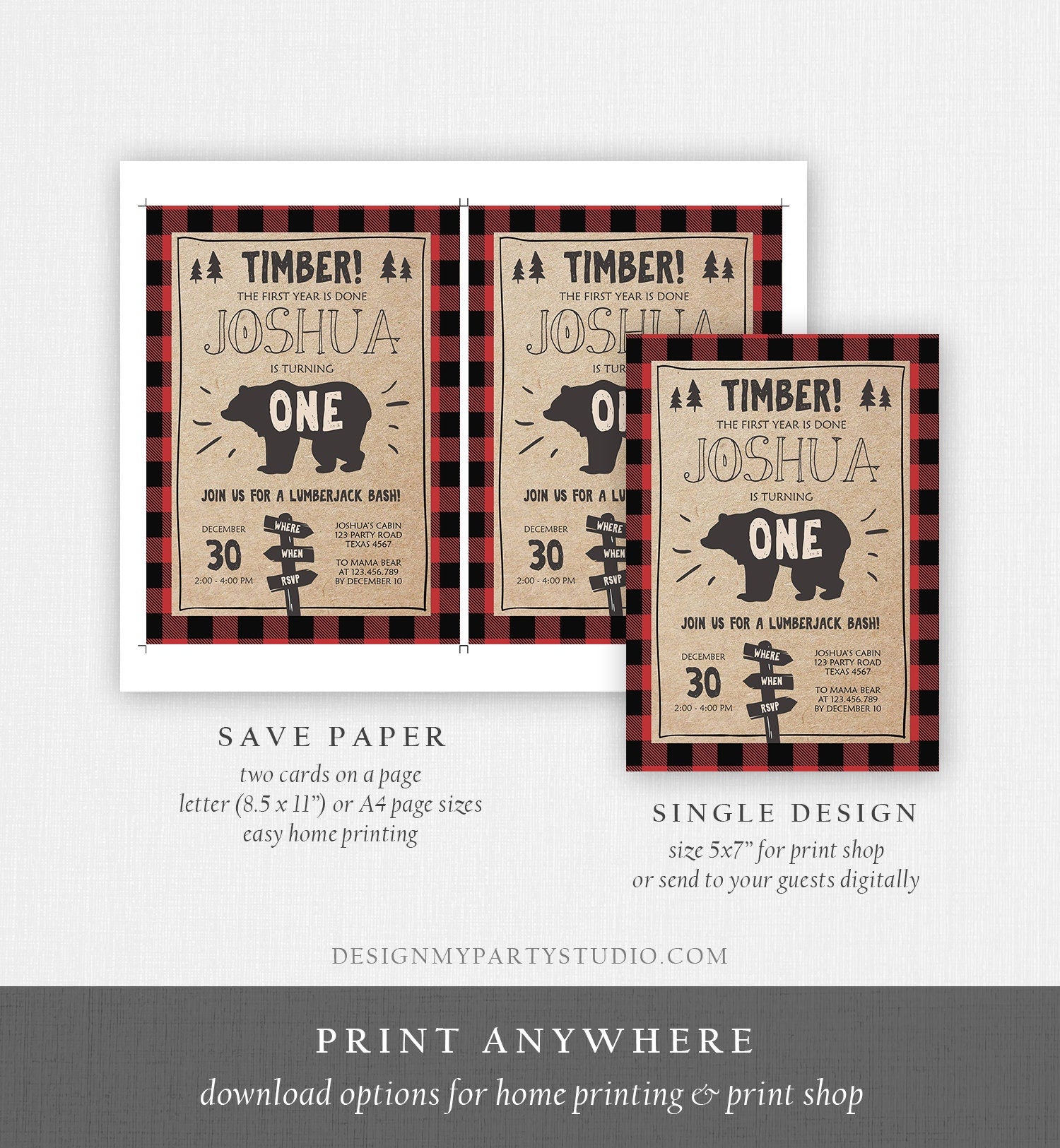 Editable Lumberjack Birthday Invitation First Birthday 1st Boy Woodland Bear Forest Red Black Plaid Rustic Printable Corjl Template 0026