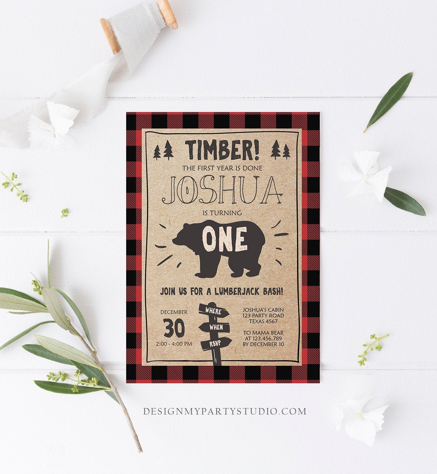 Editable Lumberjack Birthday Invitation First Birthday 1st Boy Woodland Bear Forest Red Black Plaid Rustic Printable Corjl Template 0026