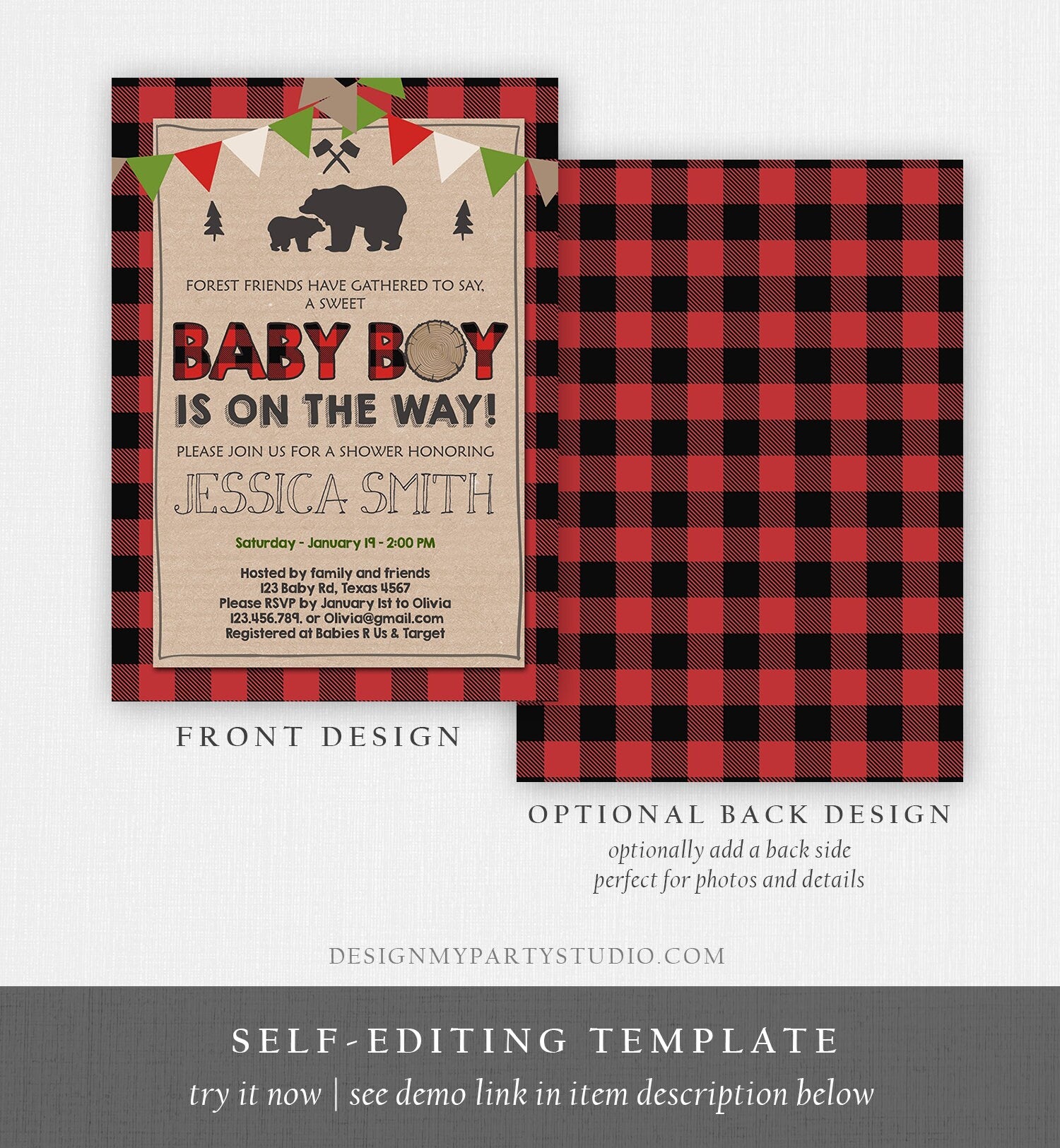 Editable Lumberjack Baby Shower Invitation Baby Boy Buffalo Plaid Rustic Bear Cub Instant Download Printable Template Digital Corjl 0026