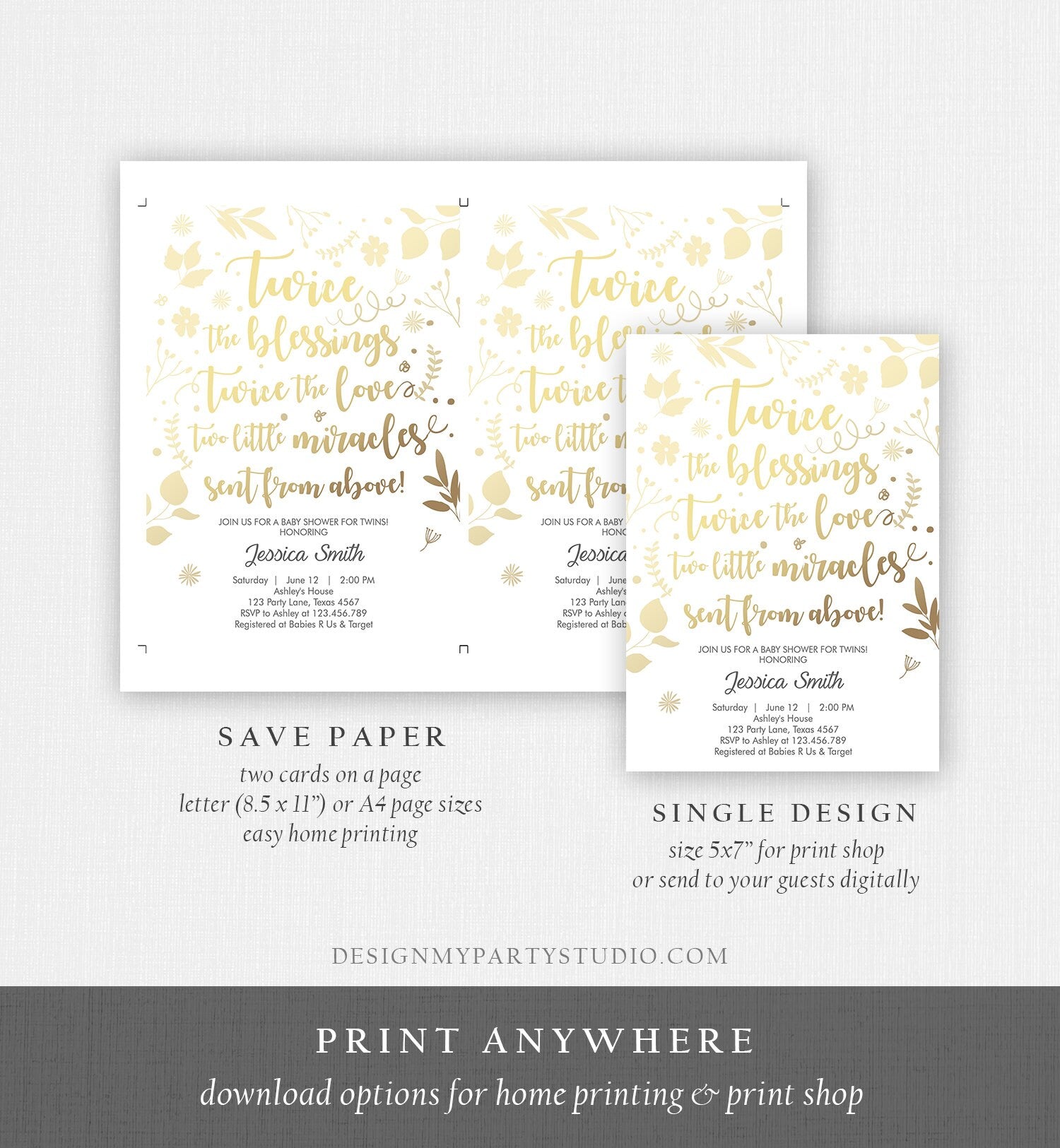 Editable Twin Baby Shower Invitation Twins Gold White Blessings Rustic Modern Floral Gender Neutral Invite Template Download Corjl 0285