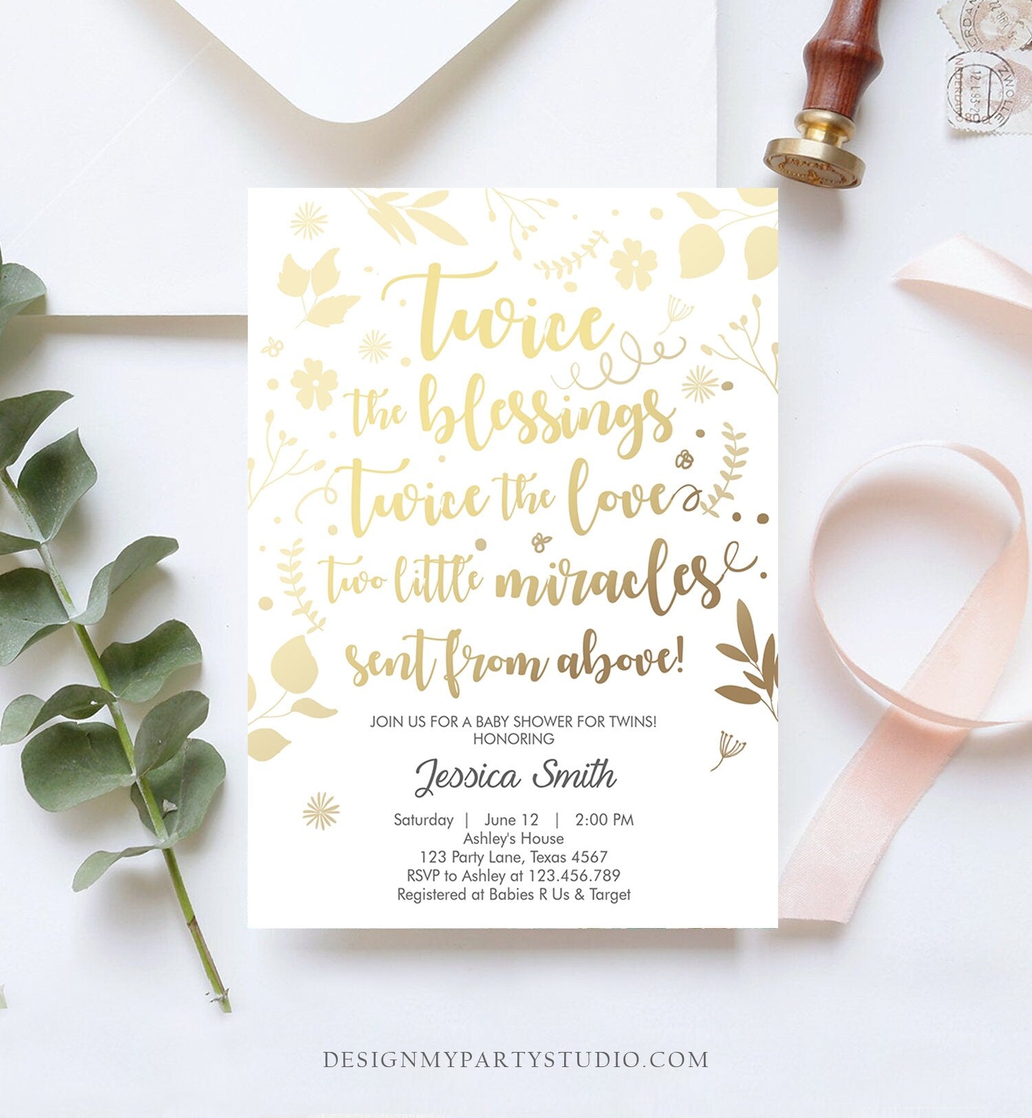 Editable Twin Baby Shower Invitation Twins Gold White Blessings Rustic Modern Floral Gender Neutral Invite Template Download Corjl 0285