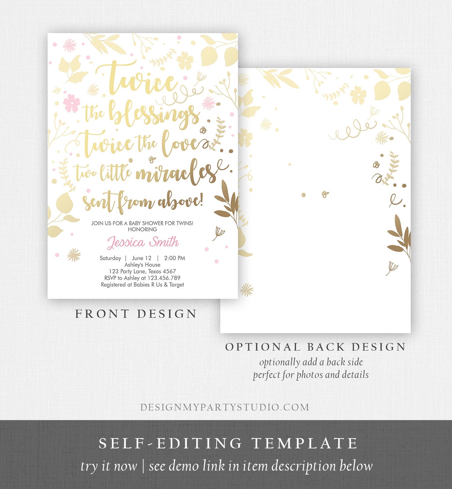 Editable Twin Baby Shower Invitation Twin Girls Gold Pink Blessings Rustic Modern Floral Girls Baby Shower Template Download Corjl 0285