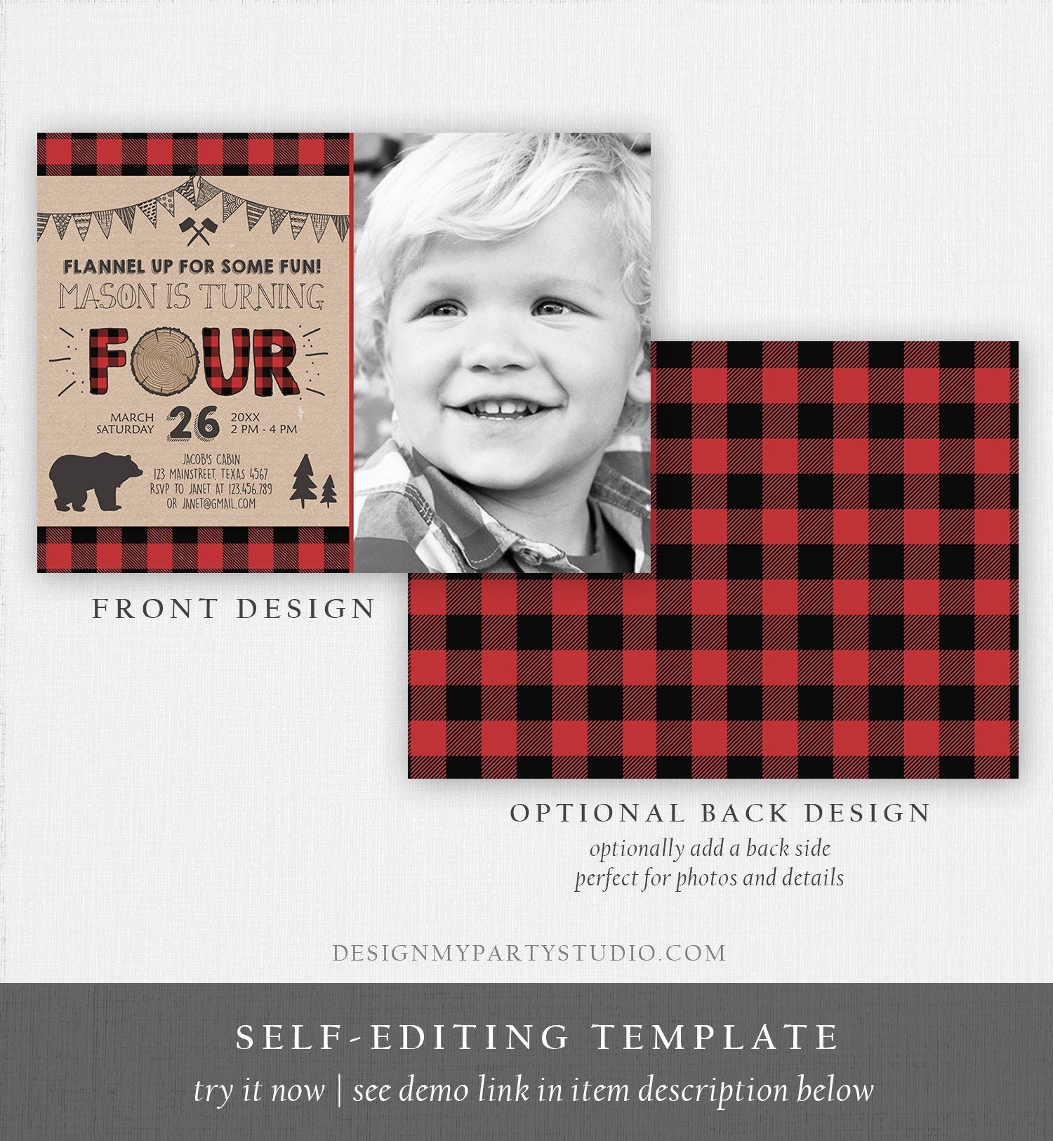 Editable Lumberjack 4th Birthday Invitation Rustic Woodland Bear Forest Buffalo Plaid Four Birthday Printable Template Digital Corjl 0026