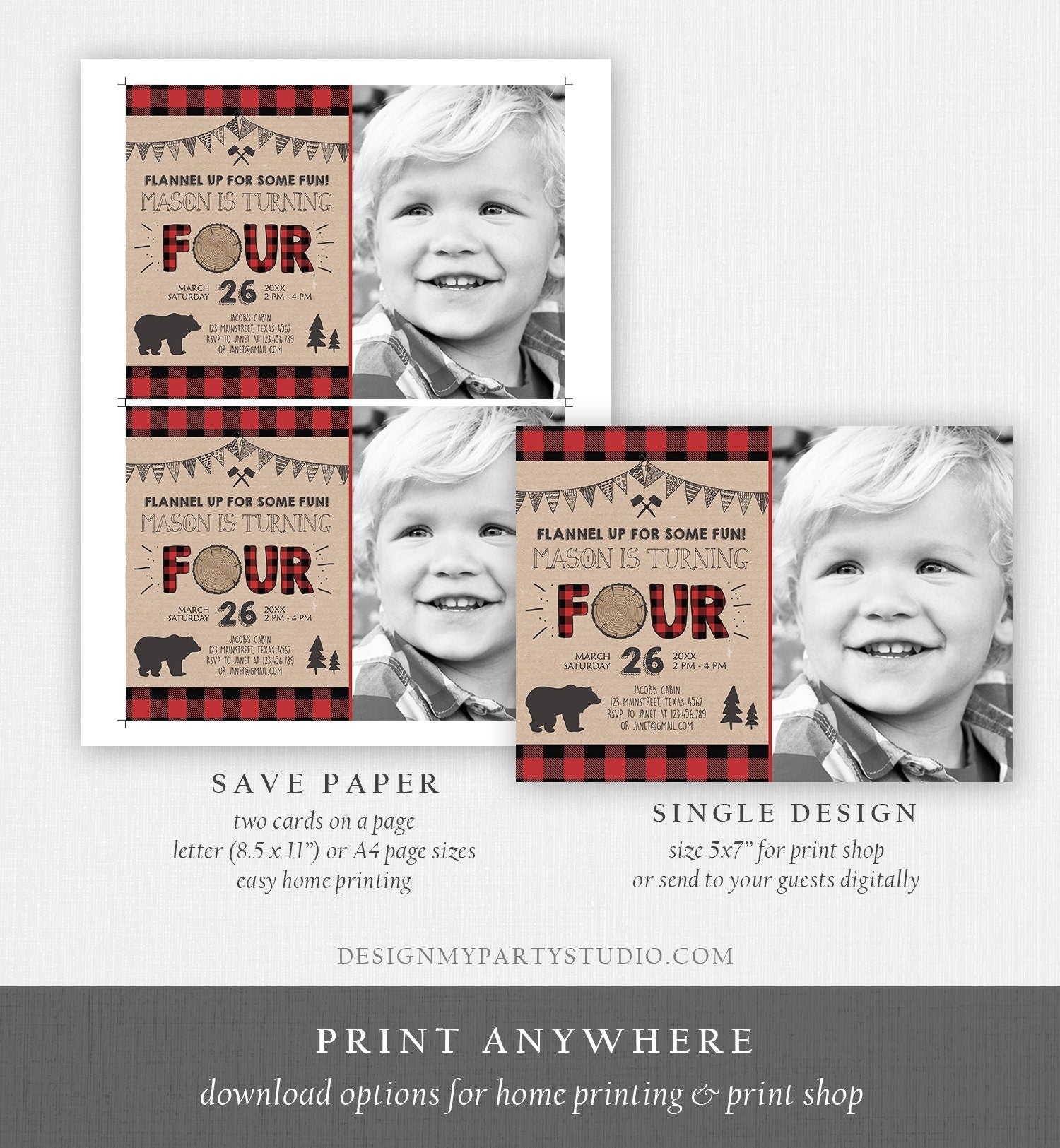 Editable Lumberjack 4th Birthday Invitation Rustic Woodland Bear Forest Buffalo Plaid Four Birthday Printable Template Digital Corjl 0026