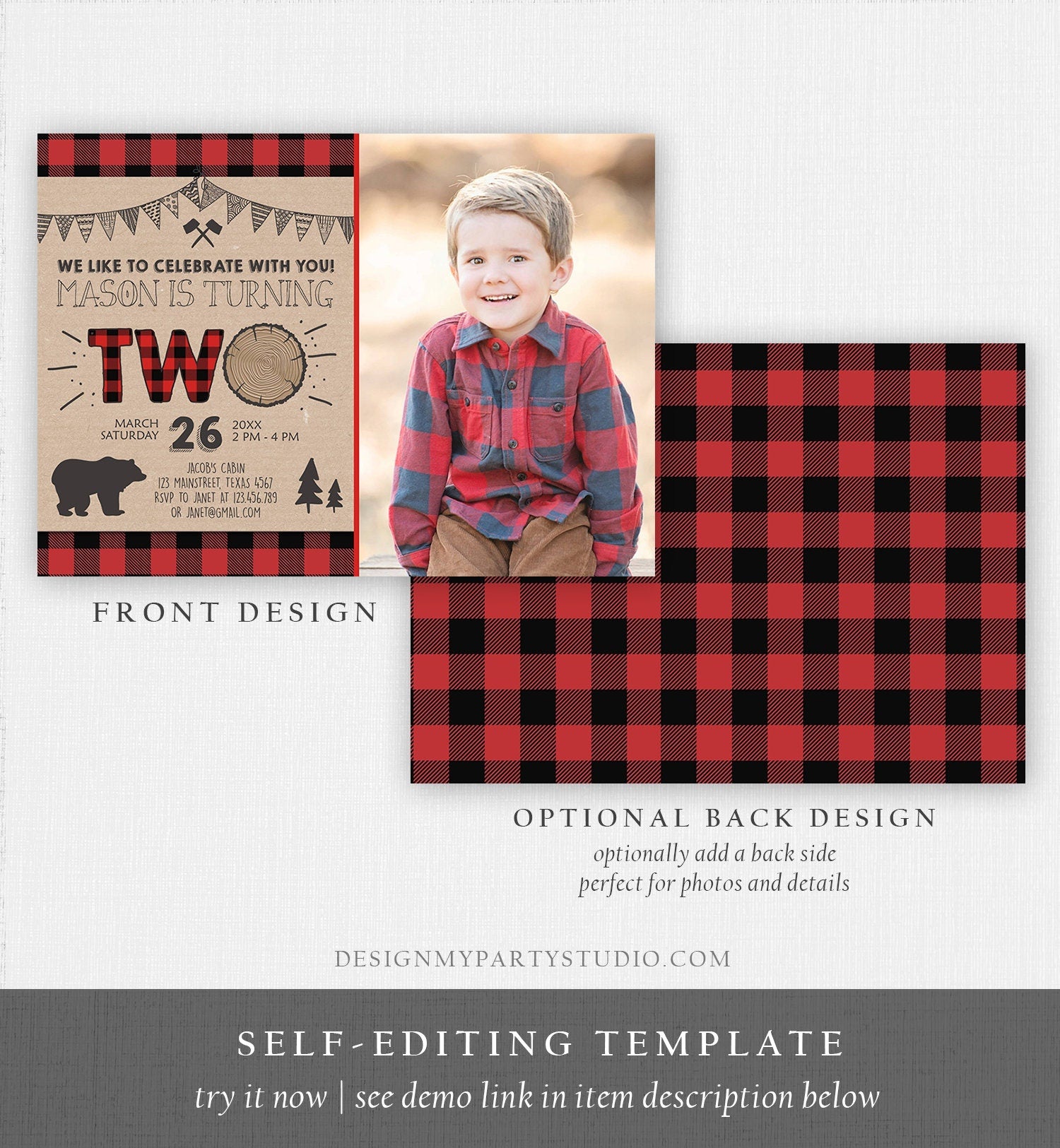 Editable 2nd Birthday Invitation Lumberjack Rustic Woodland Bear Forest Buffalo Plaid Four Birthday Printable Template Digital Corjl 0026