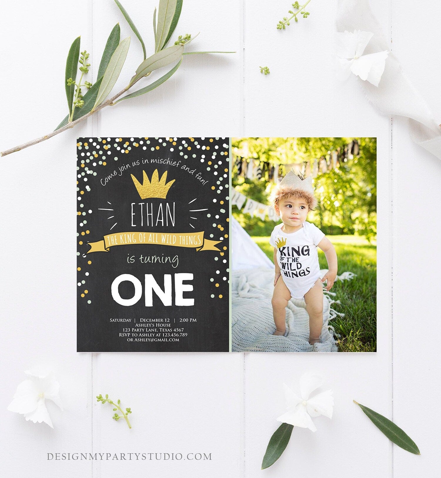 Editable Birthday Invitation Wild One Black Gold Wild Things Boy First Birthday Crown Download Printable Invitation Template Corjl 0099