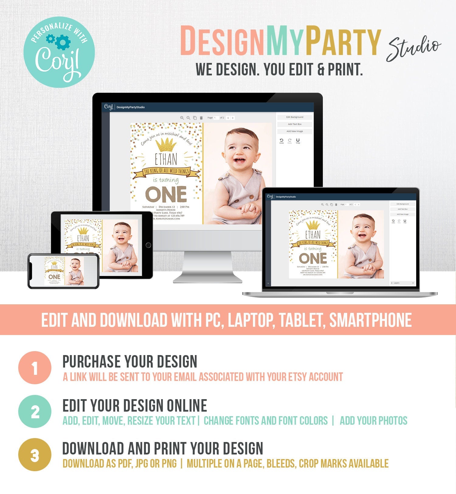 Editable Birthday Invitation Wild One Gold Crown Wild Things Boy First Birthday Instant Download Printable Invitation Template Corjl 0099