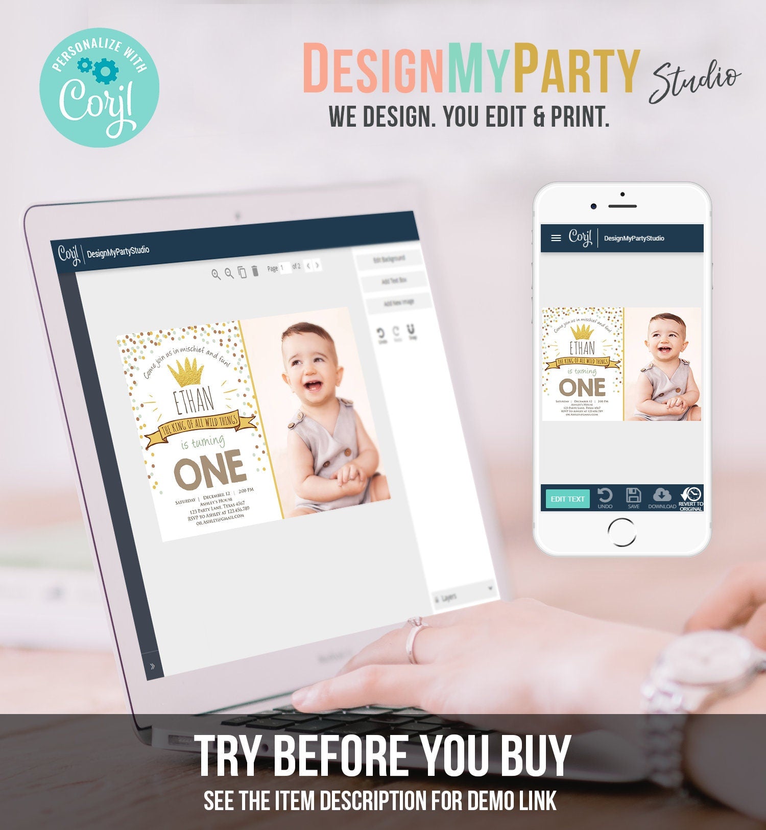 Editable Birthday Invitation Wild One Gold Crown Wild Things Boy First Birthday Instant Download Printable Invitation Template Corjl 0099