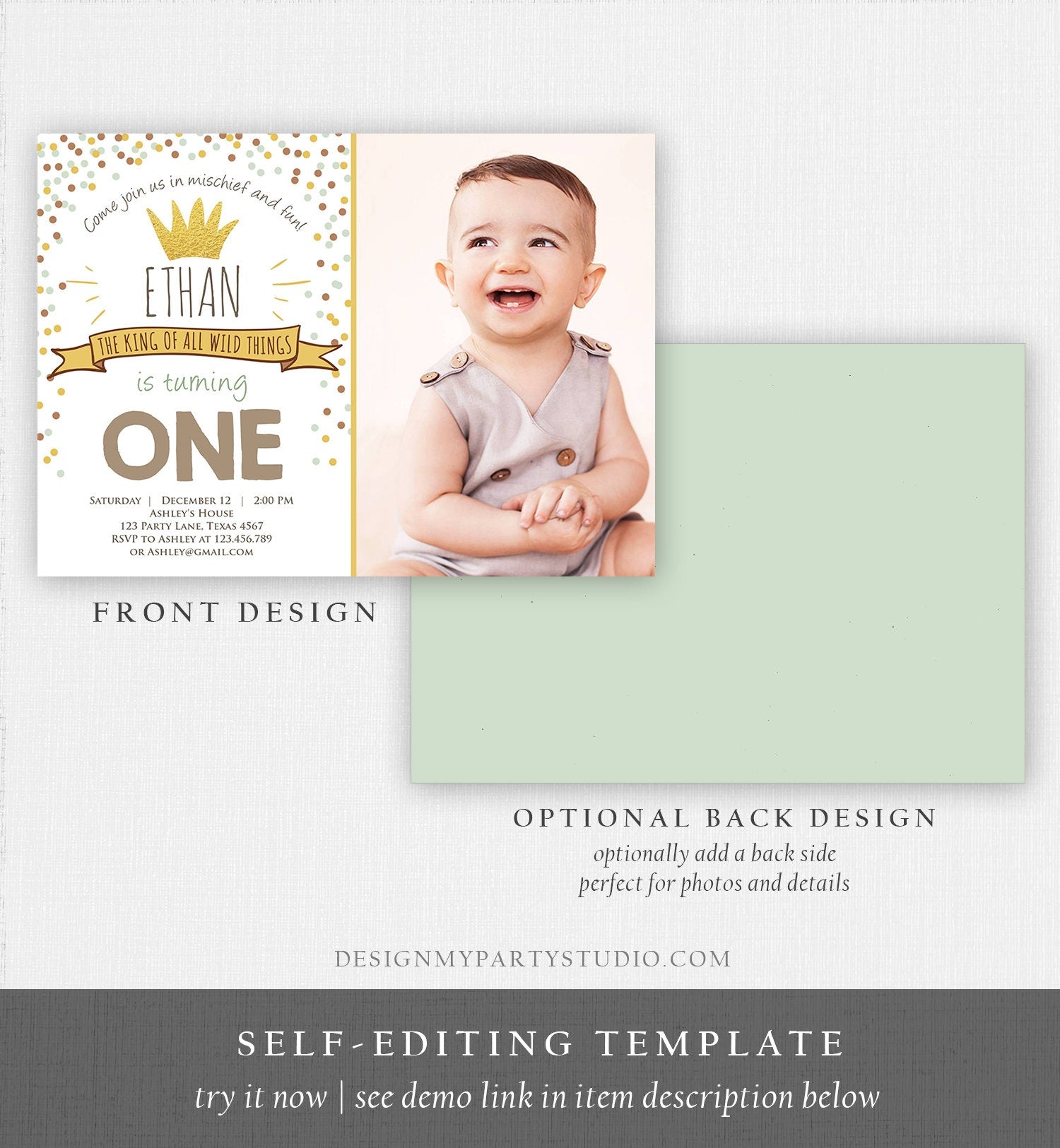 Editable Birthday Invitation Wild One Gold Crown Wild Things Boy First Birthday Instant Download Printable Invitation Template Corjl 0099