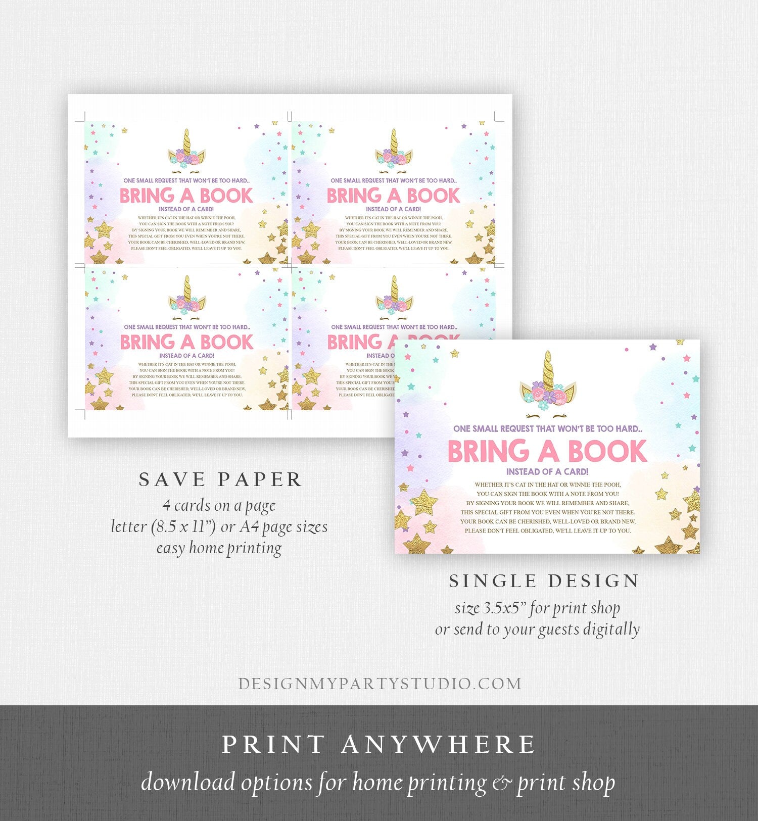 Unicorn Bring a Book Card Baby Shower Book Insert Books for Baby Book Request Sprinkle Download Editable Book Card Template PRINTABLE 0041