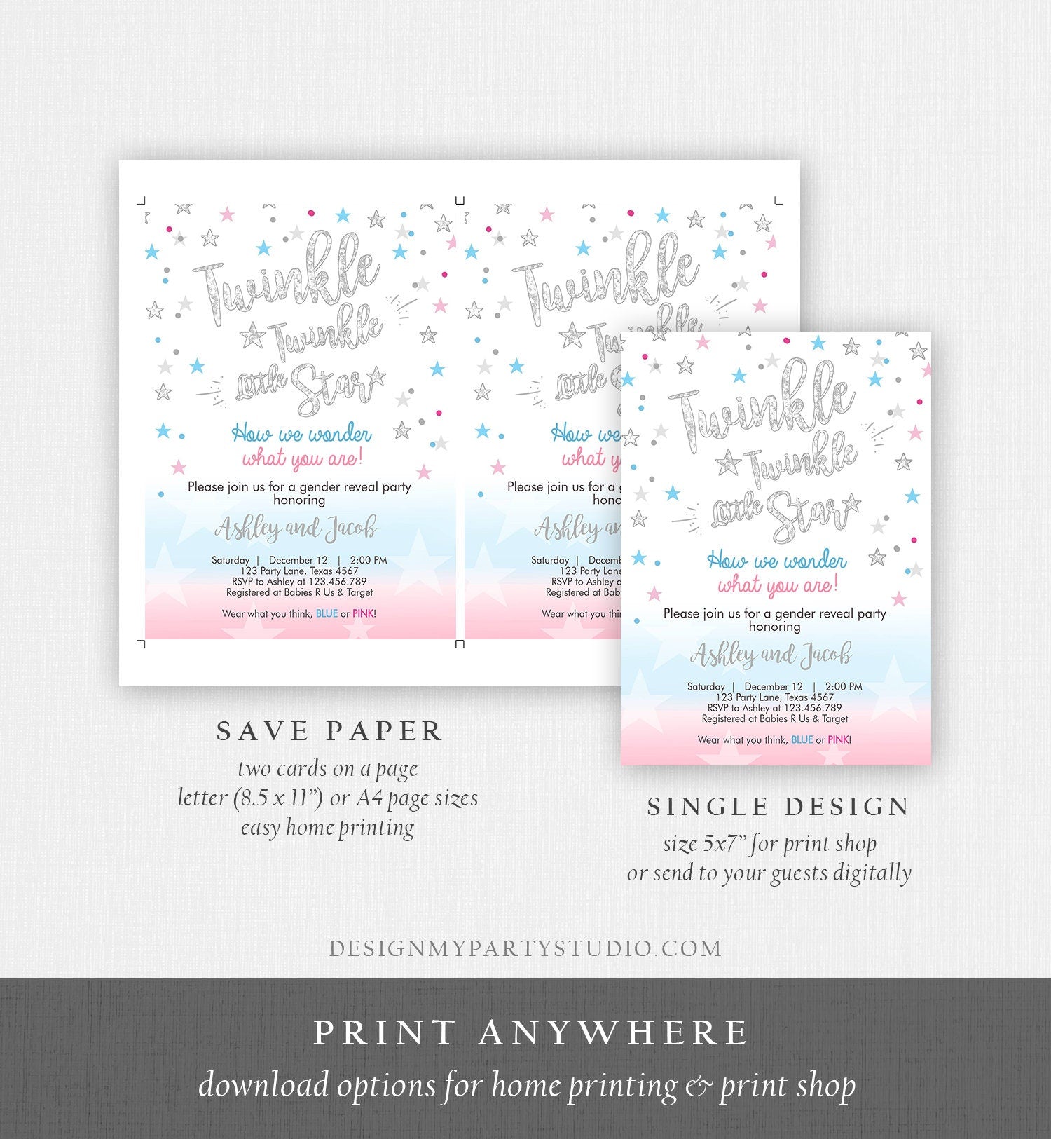 Editable Gender Reveal Invitation Baby Shower Twinkle Twinkle Little Star Blue or Pink He or She Silver Pink Blue Corjl Template 0235