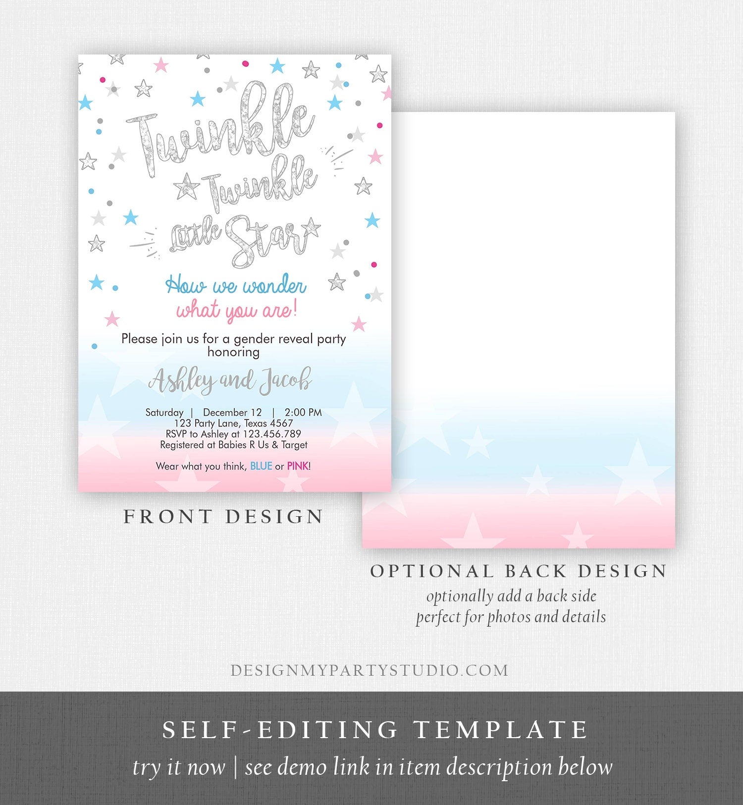 Editable Gender Reveal Invitation Baby Shower Twinkle Twinkle Little Star Blue or Pink He or She Silver Pink Blue Corjl Template 0235