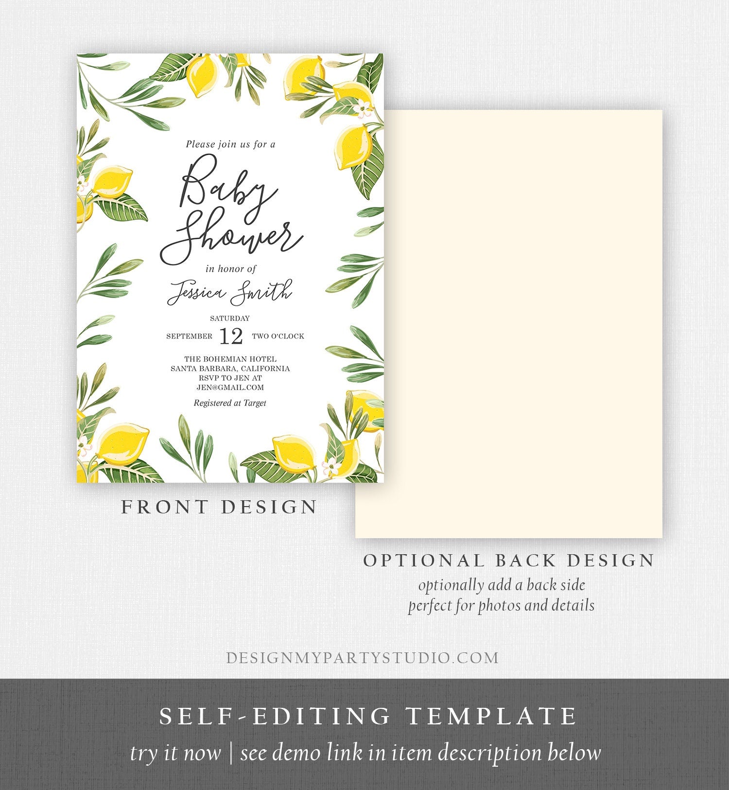 Editable Lemon Baby Shower Invitation Bohemian Citrus Rustic Greenery Summer Floral Lemonade Sprinkle Download Corjl Template Printable 0220