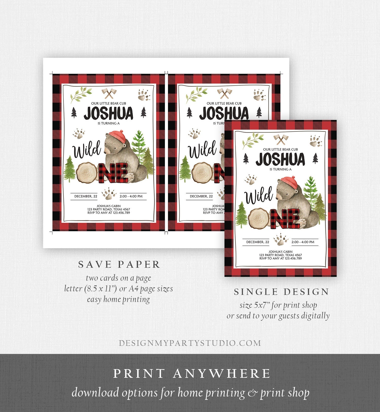 Editable Lumberjack Wild One Birthday Invitation First Birthday Forest Trees Red Plaid Outdoor Bear Boy 1st Printable Corjl Template 0026