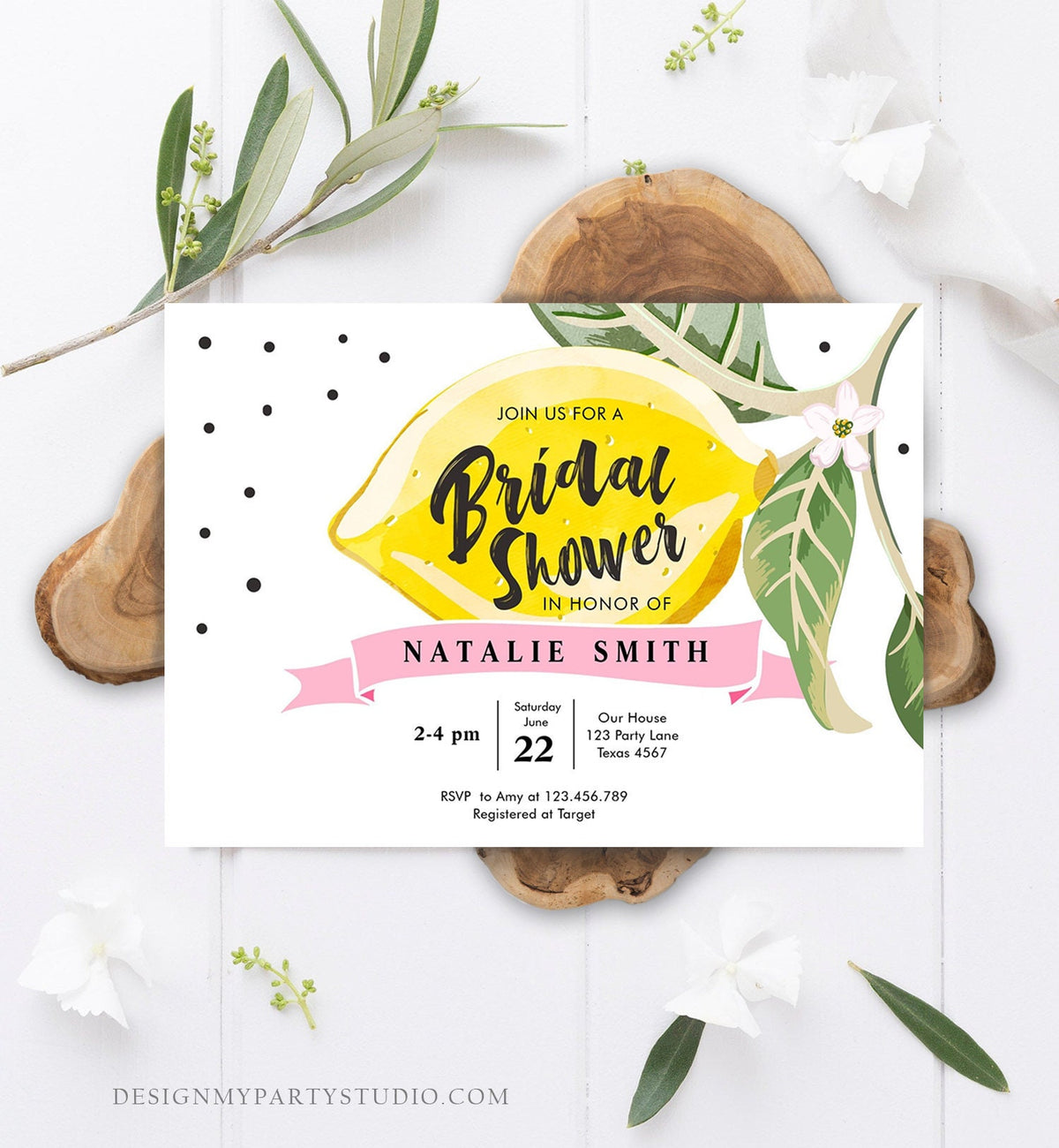 Editable Lemon Bridal Shower Invitation Bohemian Citrus Rustic Greenery Summer Wedding Lemonade Download Corjl Template Printable 0307