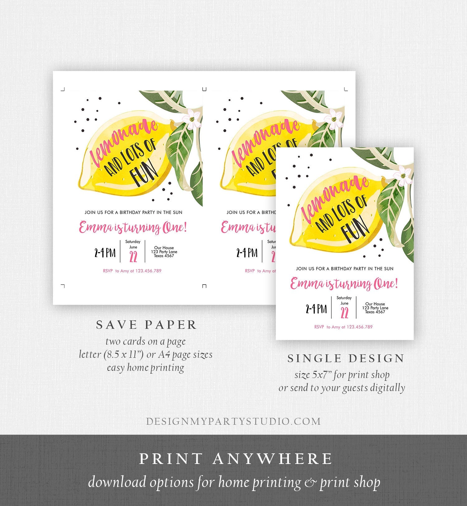 Editable Lemon Birthday Invitation Sunshine Lemonade and Fun Girl First Birthday Party Pink Sweet 1st Citrus Corjl Template Printable 0307