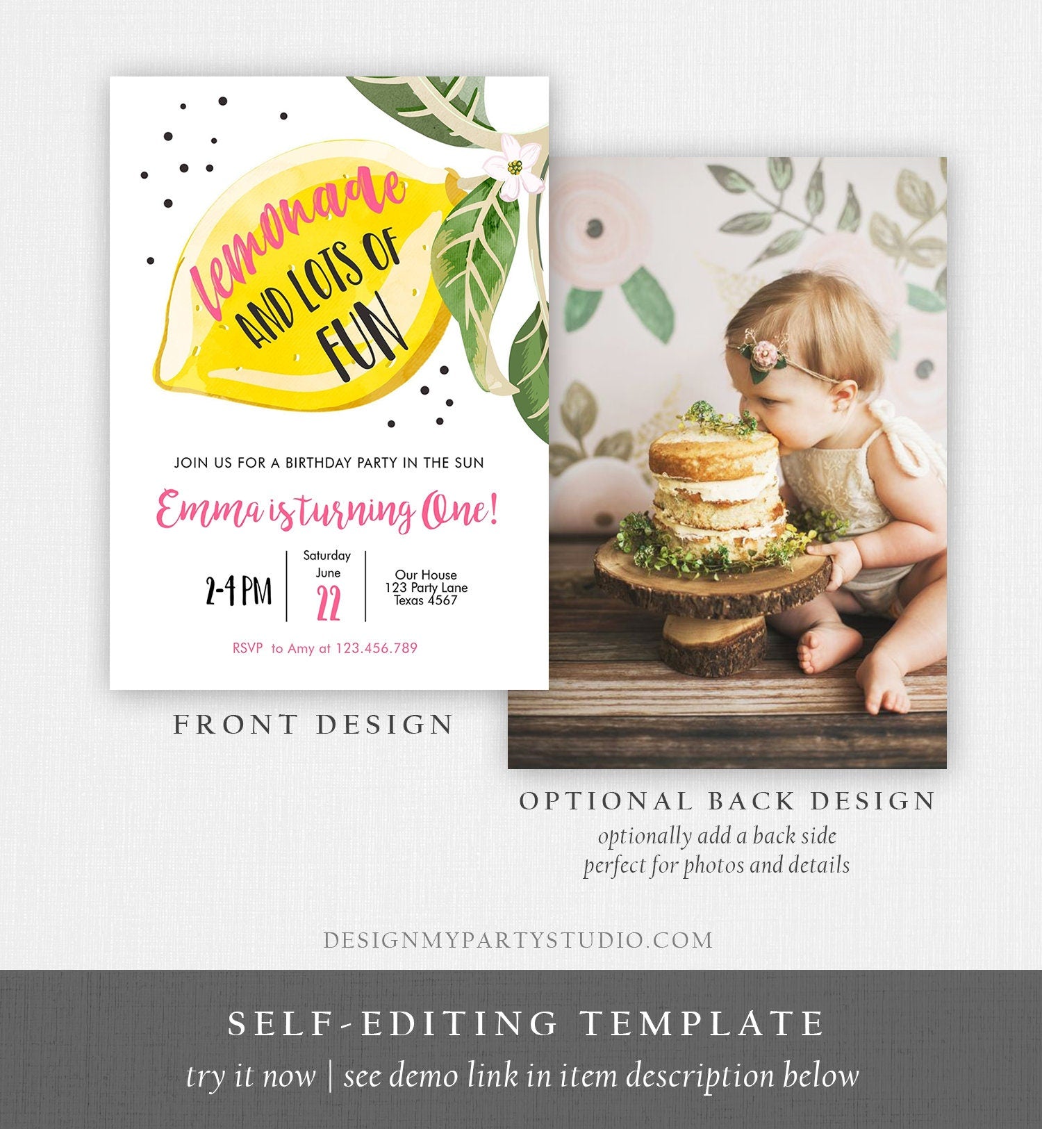 Editable Lemon Birthday Invitation Sunshine Lemonade and Fun Girl First Birthday Party Pink Sweet 1st Citrus Corjl Template Printable 0307