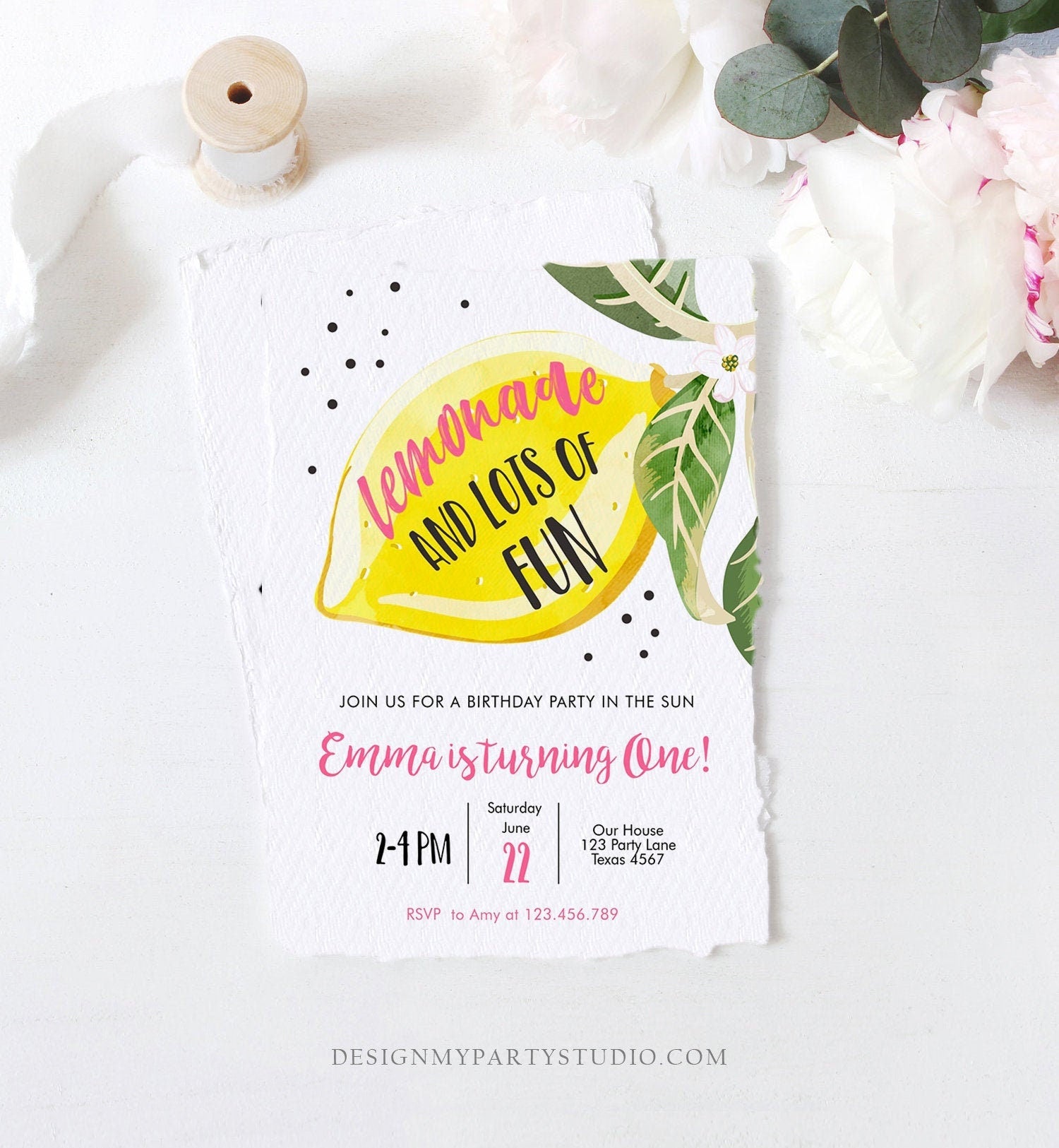 Editable Lemon Birthday Invitation Sunshine Lemonade and Fun Girl First Birthday Party Pink Sweet 1st Citrus Corjl Template Printable 0307