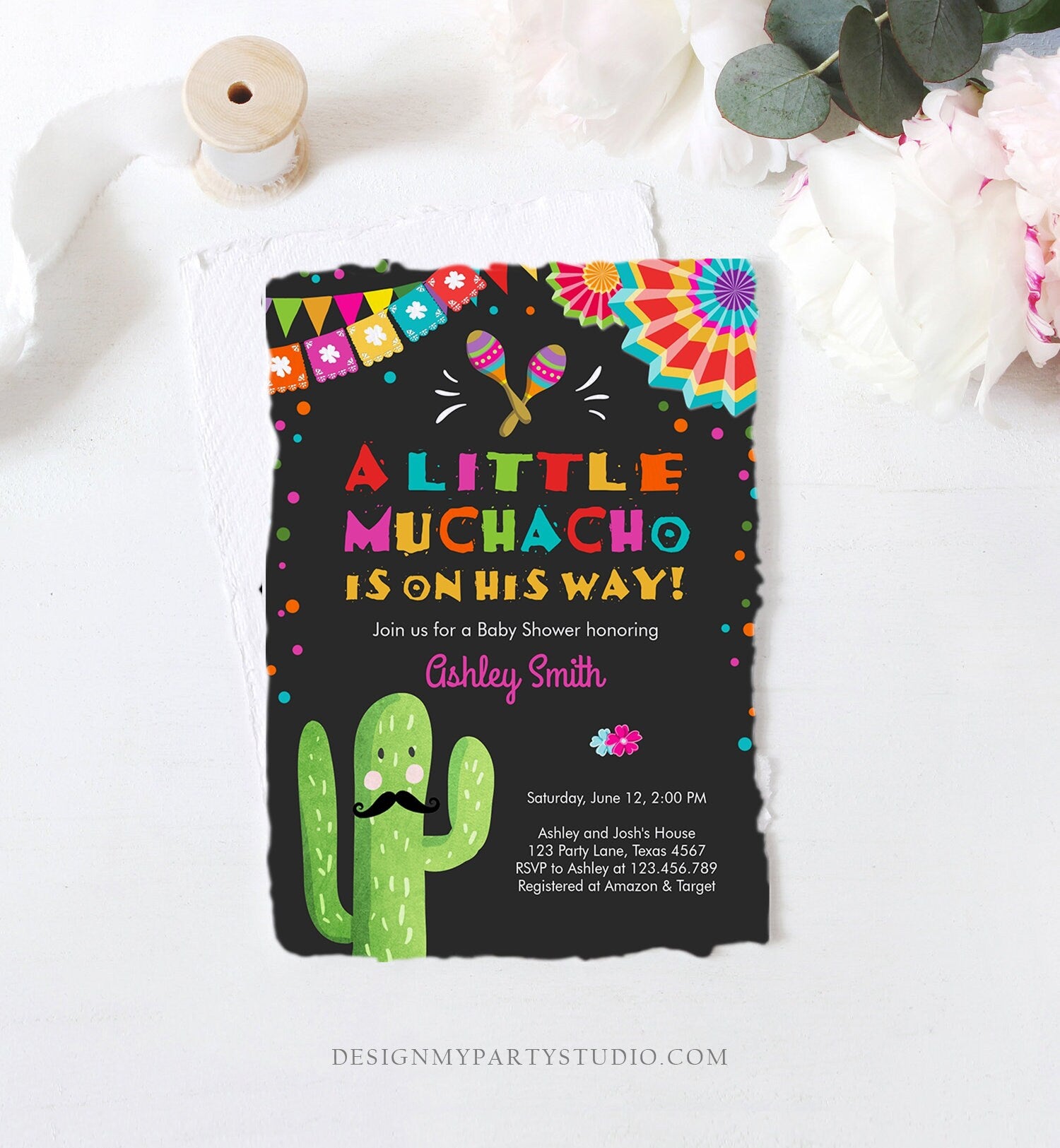 Editable Little Muchacho Fiesta Baby Shower Invitation Cactus Mexican Succulent Señor on the Way Blue Pink Download Corjl Template 0045