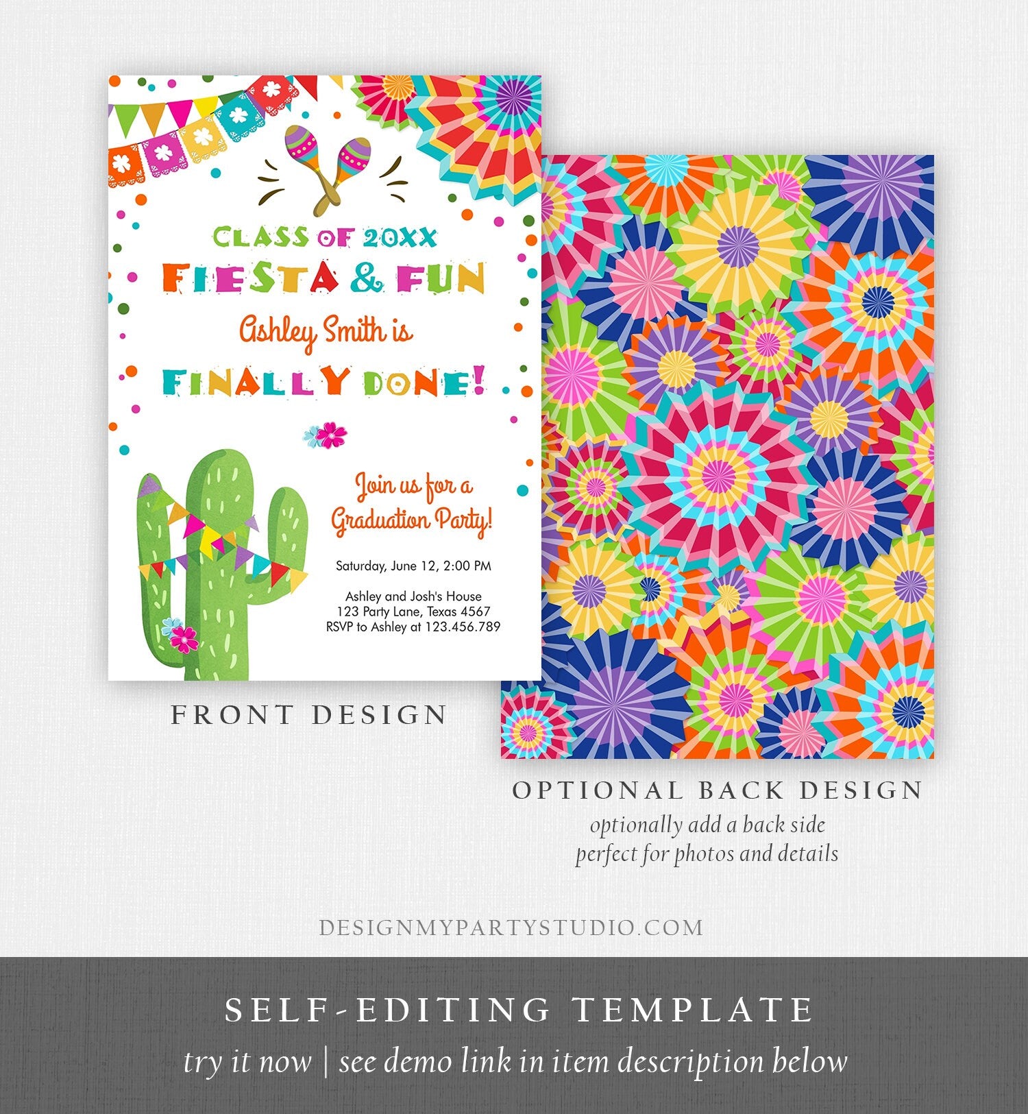 Editable Fiesta and Fun Graduation Party Invitation Finally Done Let's Fiesta Mexican High School College Degree Diploma Corjl Template 0045