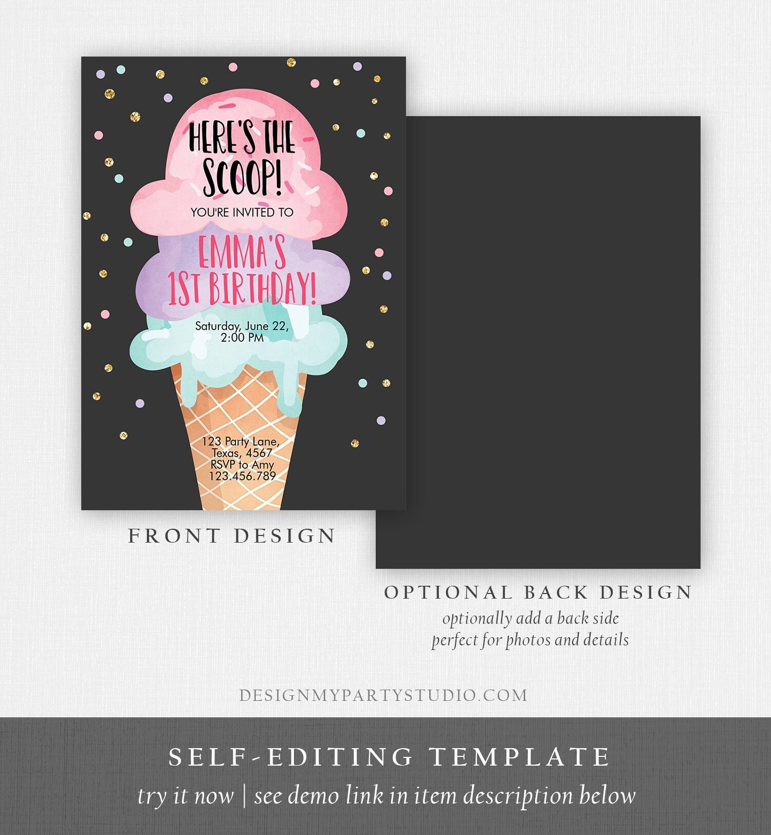 Editable Ice Cream Birthday Invitation First Birthday Party Here's the Scoop Cone Pink Mint Gold Purple Printable Template Corjl 0243