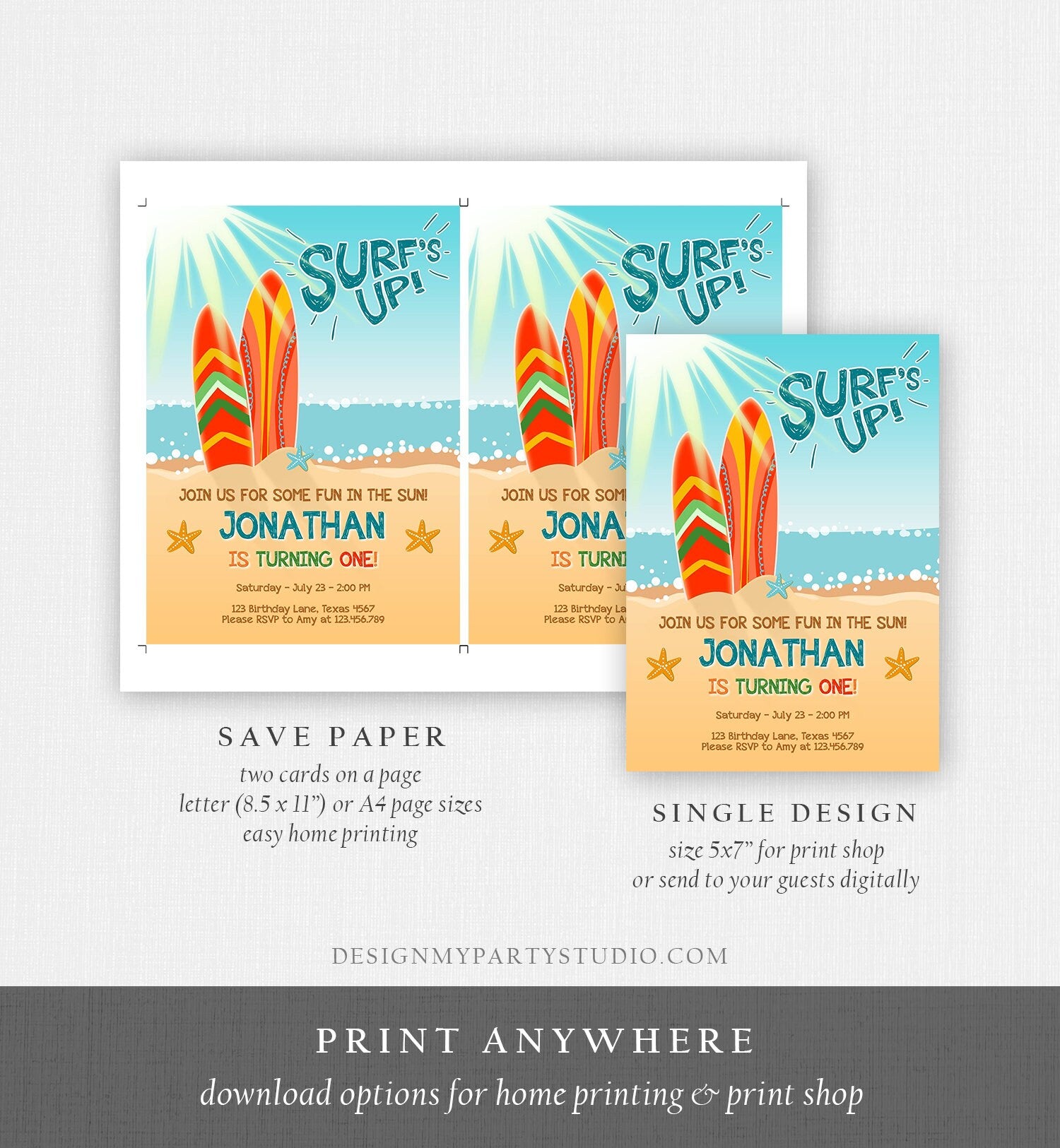 Editable Surf Birthday invitation Summer Beach Party Surfboard Boy Surf Party Instant Download Printable Invitation Template Corjl 0241