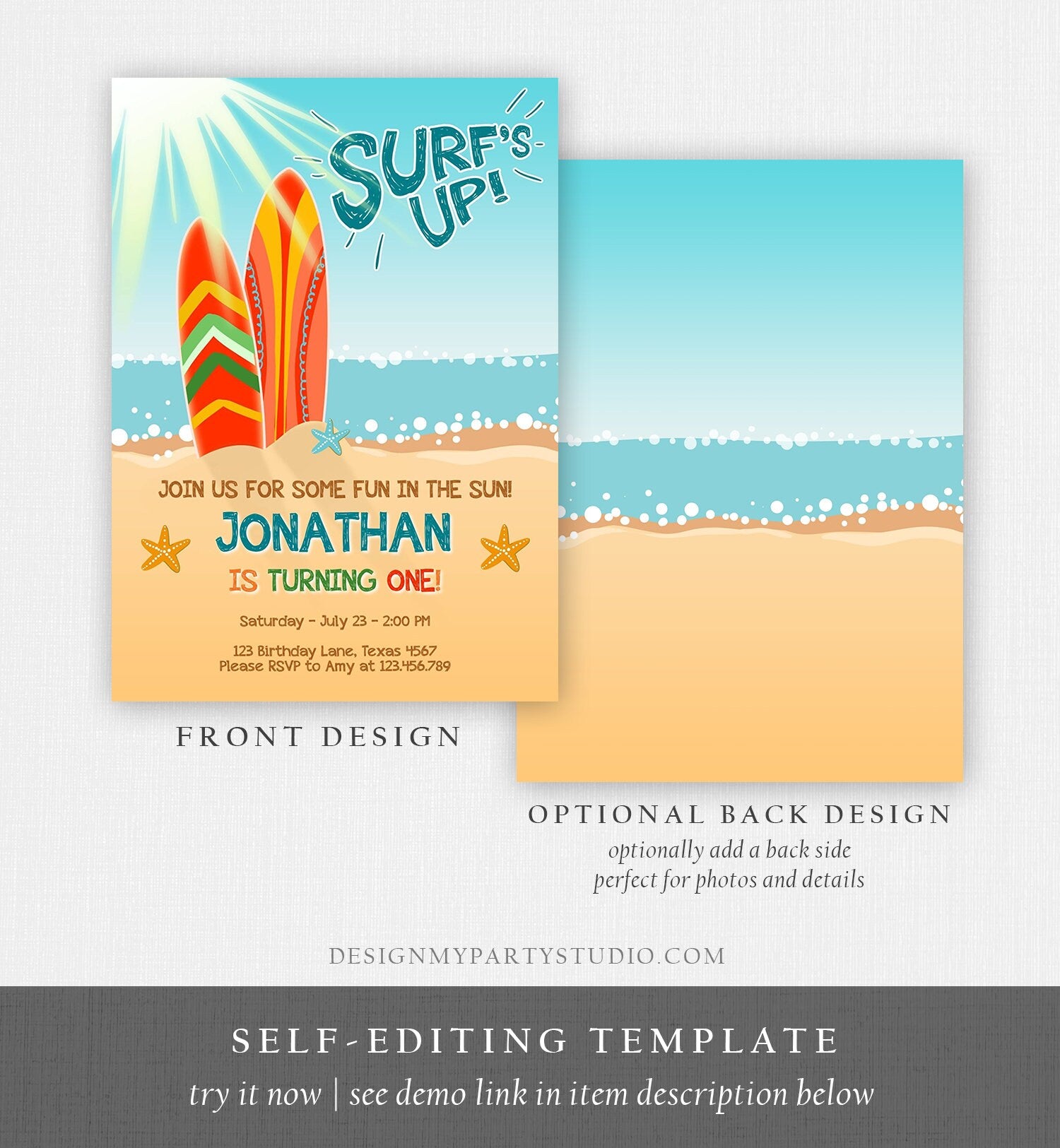 Editable Surf Birthday invitation Summer Beach Party Surfboard Boy Surf Party Instant Download Printable Invitation Template Corjl 0241