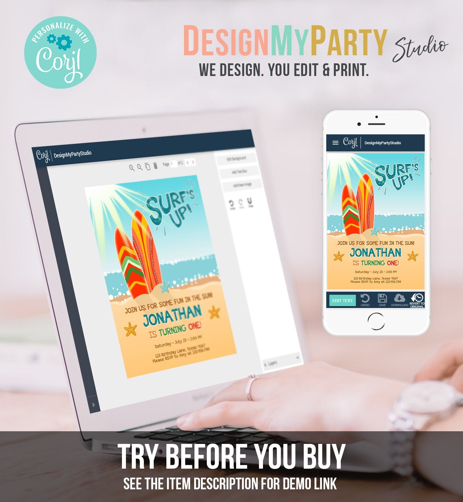 Editable Surf Birthday invitation Summer Beach Party Surfboard Boy Surf Party Instant Download Printable Invitation Template Corjl 0241