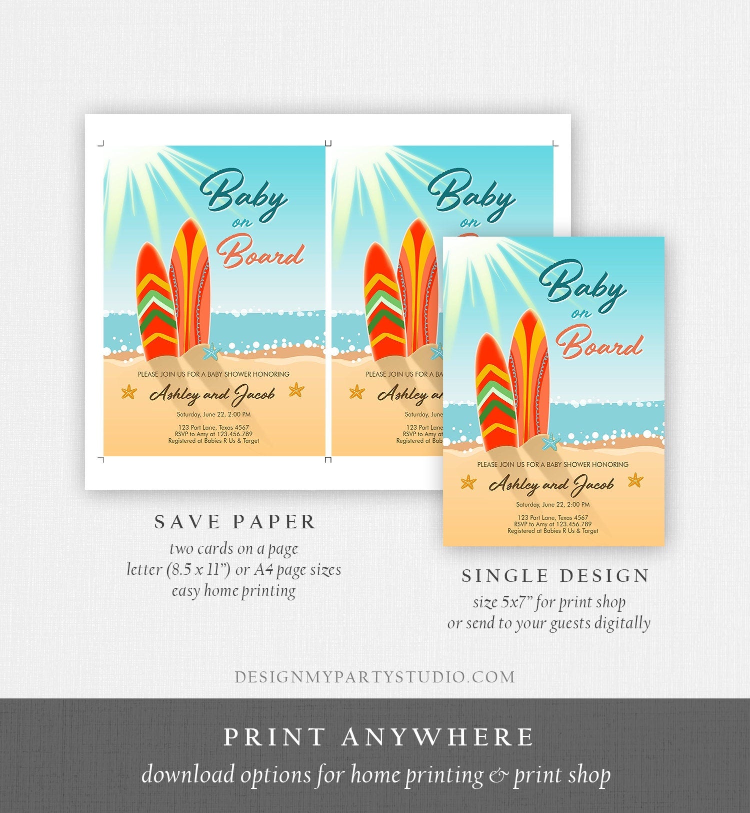 Editable Baby on Board Shower Invitation Surfing Boy Baby Shower Summer Beach Vintage Download Printable Invitation Template Corjl 0241