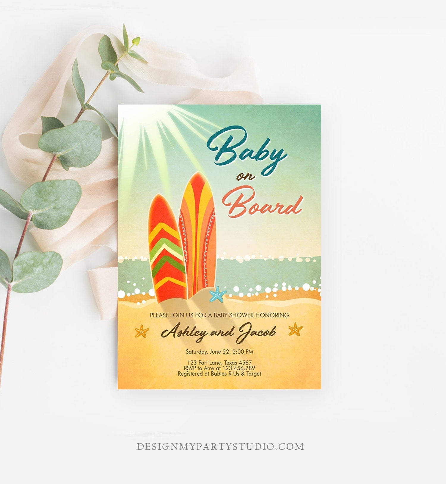 Editable Baby on Board Shower Invitation Surfing Boy Baby Shower Summer Beach Vintage Download Printable Invitation Template Corjl 0241