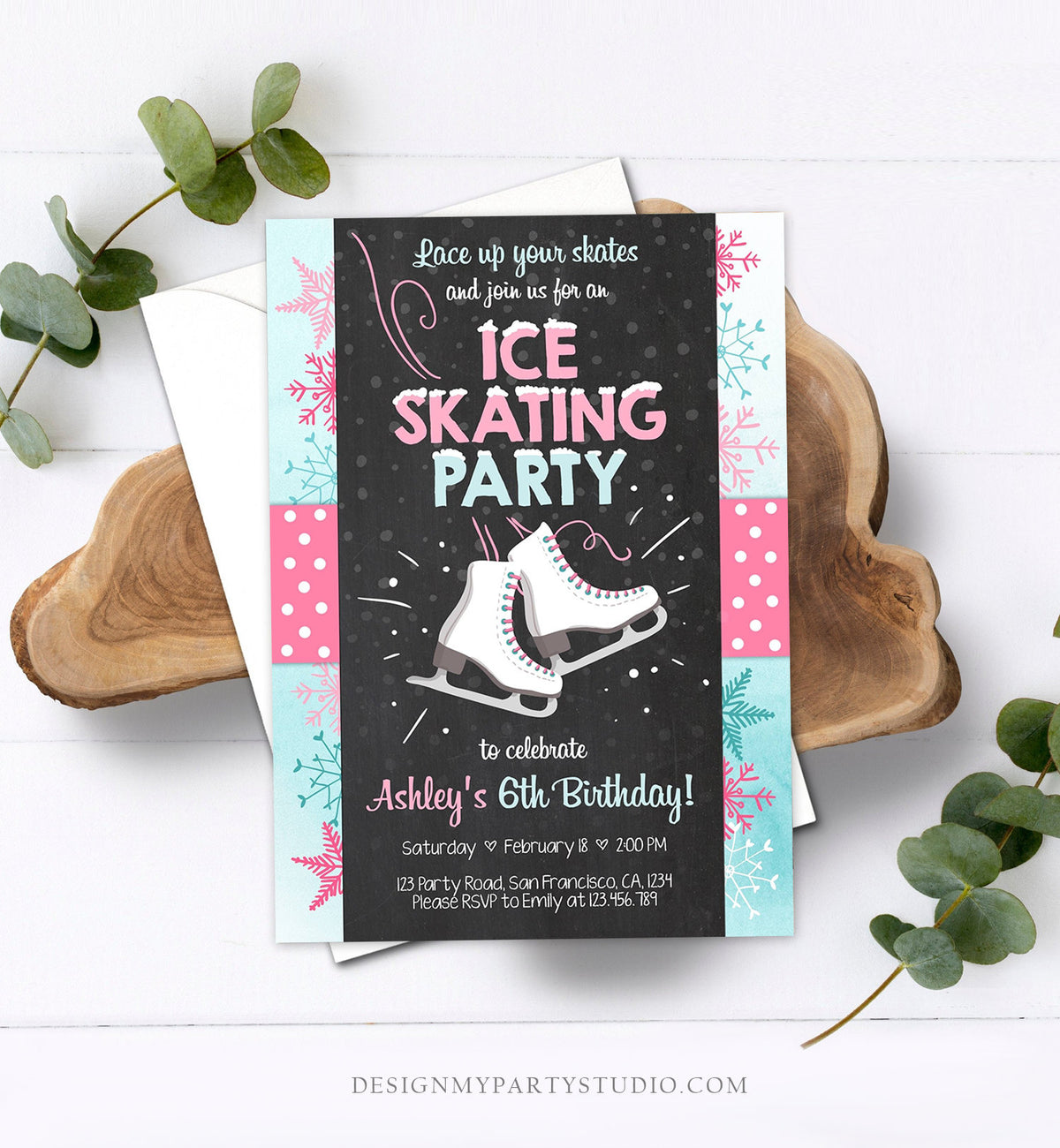 Editable Ice Skating Invitation Ice Skating Birthday Party Girl Pink Mint Skate Party Winter Download Printable Invitation Template Corjl