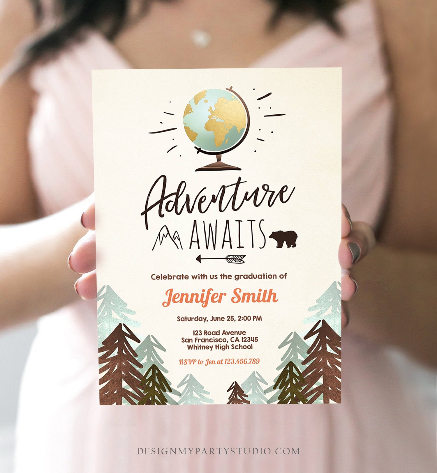 Editable Adventure Awaits Graduation Party Invitation Forest Woodland Vintage Travel College High School Grad Digital Corjl Template 0044