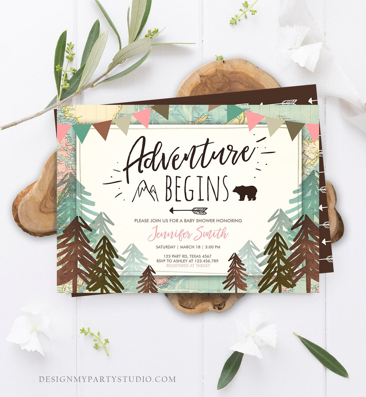 Editable Adventure Begins Baby Shower Invitation Forest Woodland Vintage Pink Travel Around the World Awaits Corjl Template Printable 0044