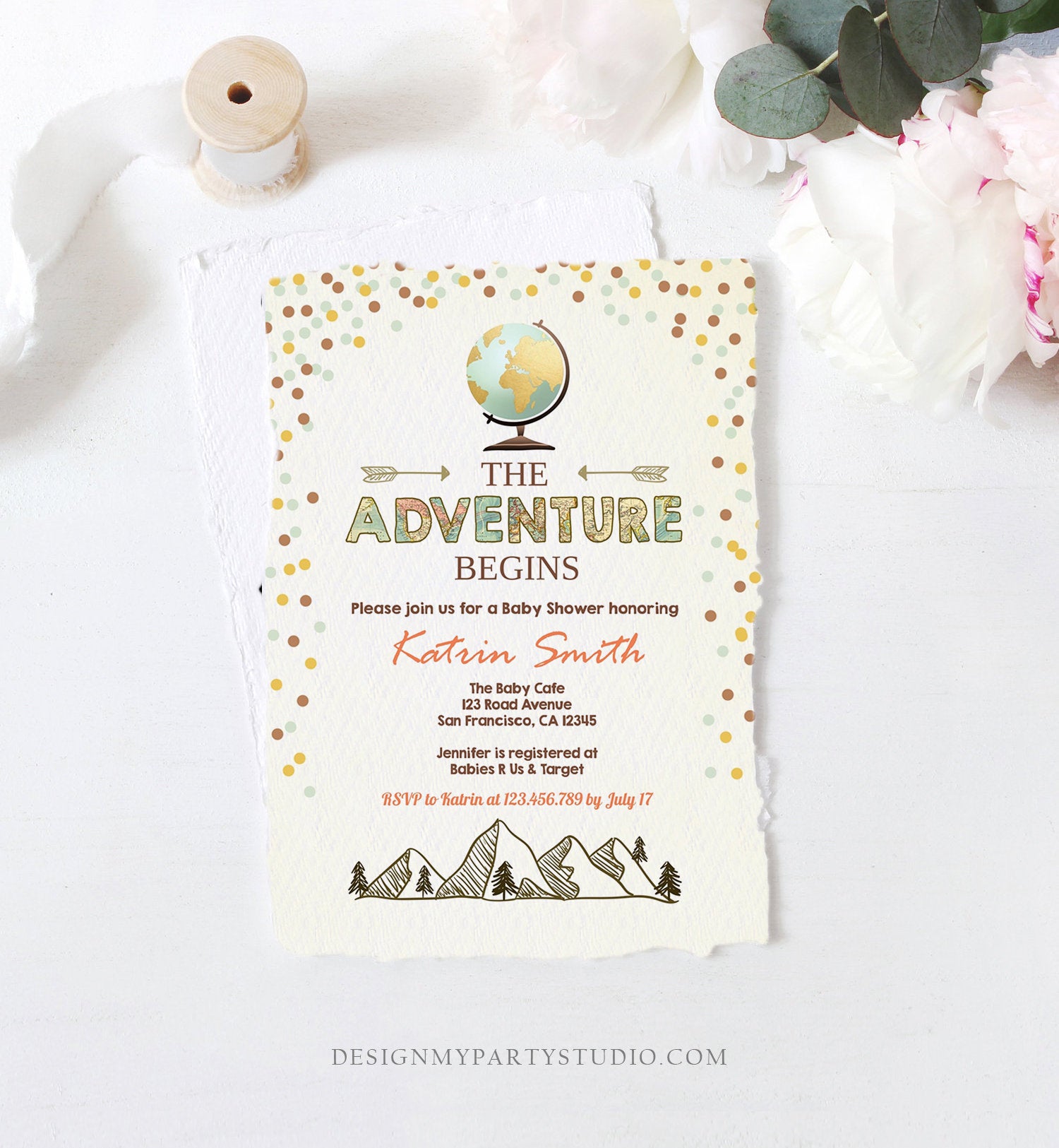 Editable Adventure Begins Baby Shower Invitation Forest Mountains Vintage Globe Travel Around World Digital Corjl Template Printable 0044