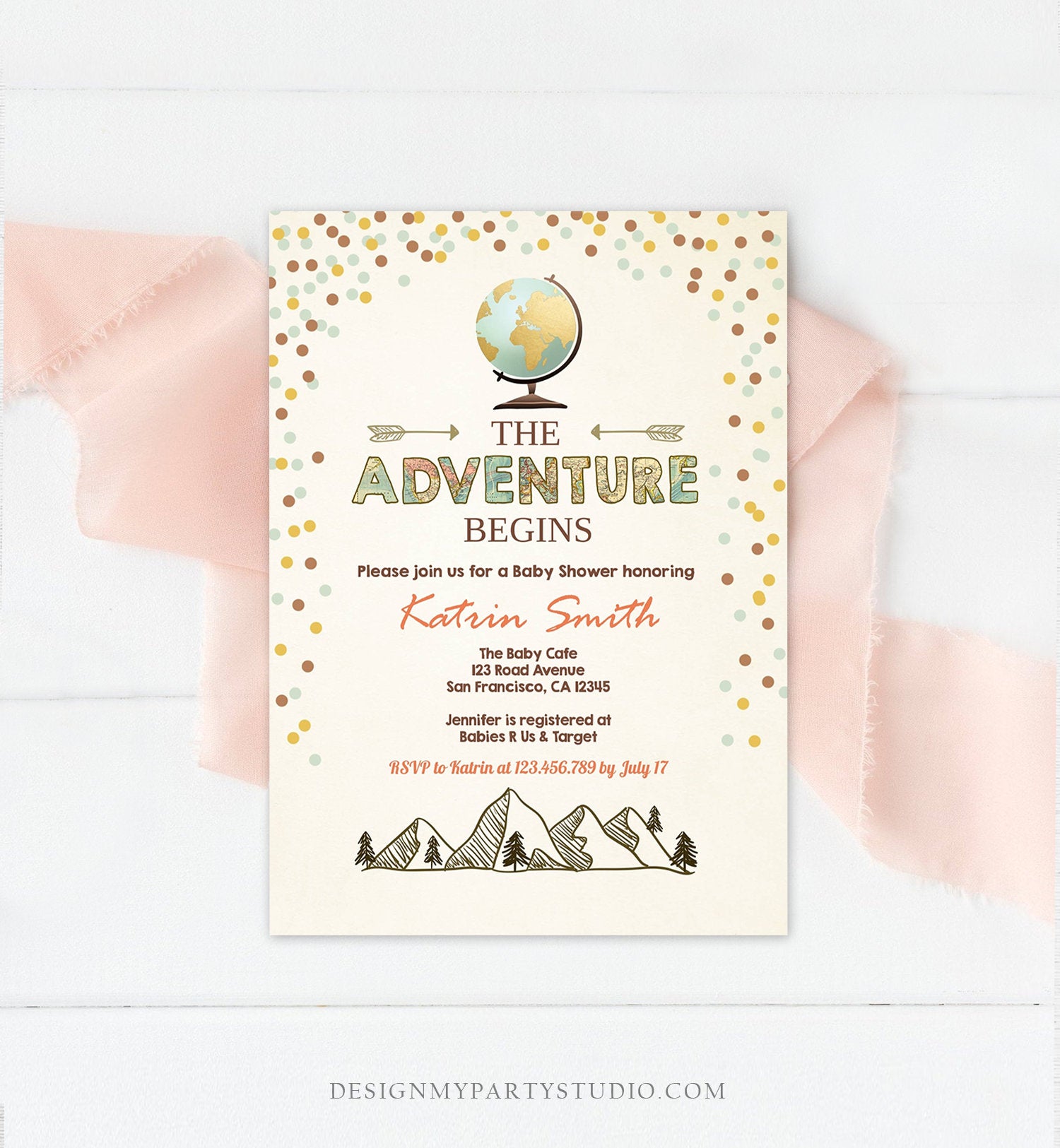 Editable Adventure Begins Baby Shower Invitation Forest Mountains Vintage Globe Travel Around World Digital Corjl Template Printable 0044