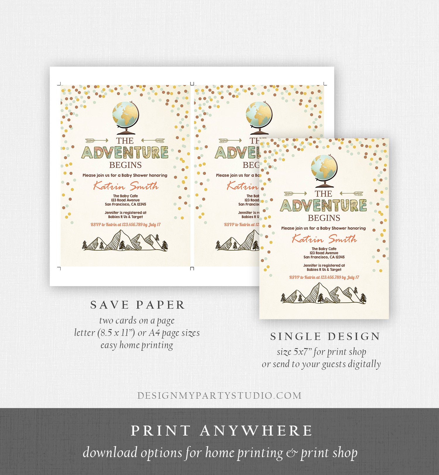 Editable Adventure Begins Baby Shower Invitation Forest Mountains Vintage Globe Travel Around World Digital Corjl Template Printable 0044