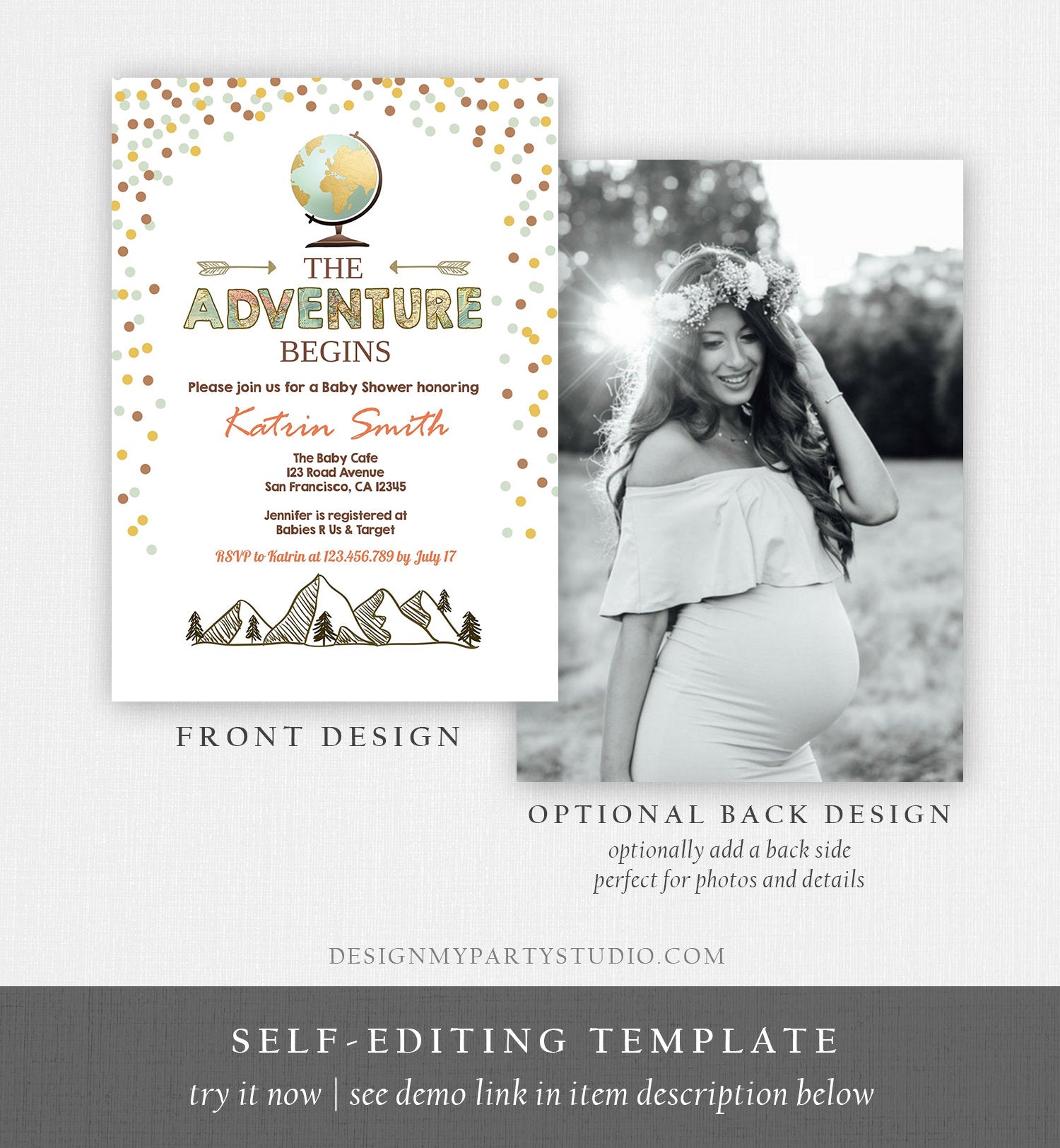 Editable Adventure Begins Baby Shower Invitation Forest Mountains Vintage Globe Travel Around World Digital Corjl Template Printable 0044