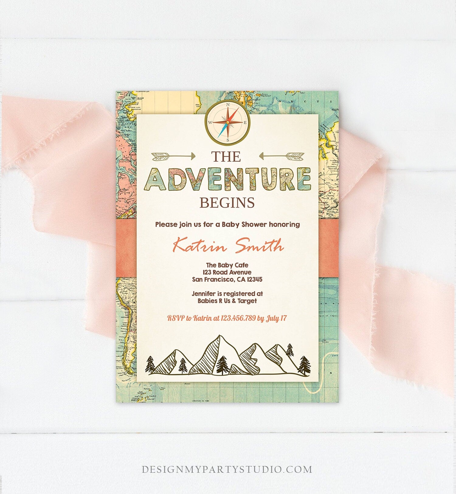 Editable Adventure Begins Baby Shower Invitation Forest Mountains Vintage World Map Travel Around Digital Corjl Template Printable 0044