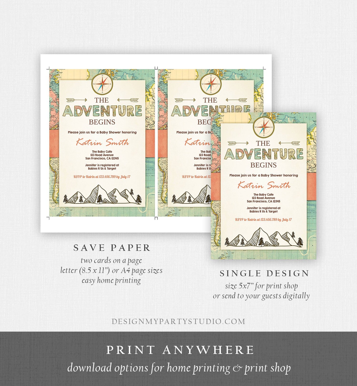 Editable Adventure Begins Baby Shower Invitation Forest Mountains Vintage World Map Travel Around Digital Corjl Template Printable 0044