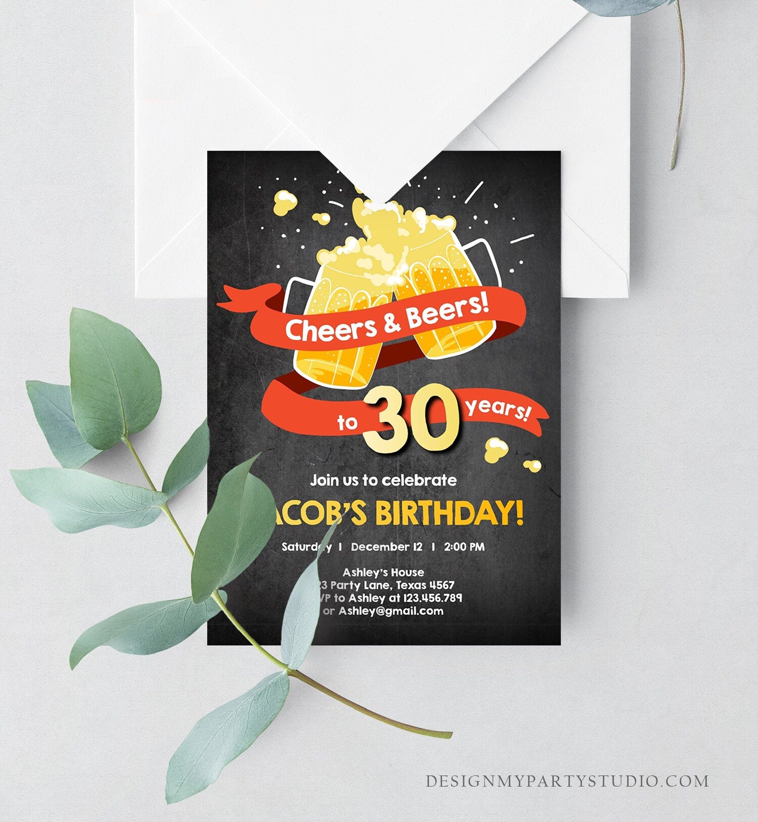 Editable Cheers and Beers Birthday Invitation ANY AGE Adult 30th 40th 50th Surprise Party Chalk Instant Download Corjl Template Printable