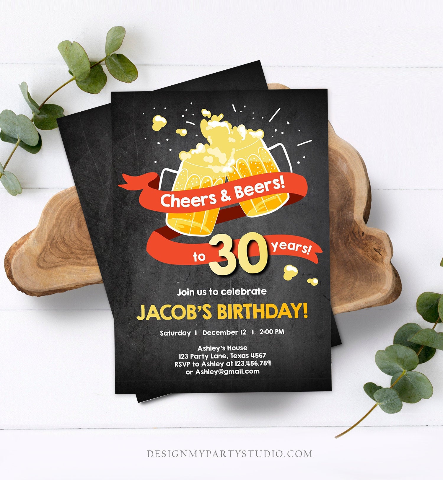 Editable Cheers and Beers Birthday Invitation ANY AGE Adult 30th 40th 50th Surprise Party Chalk Instant Download Corjl Template Printable