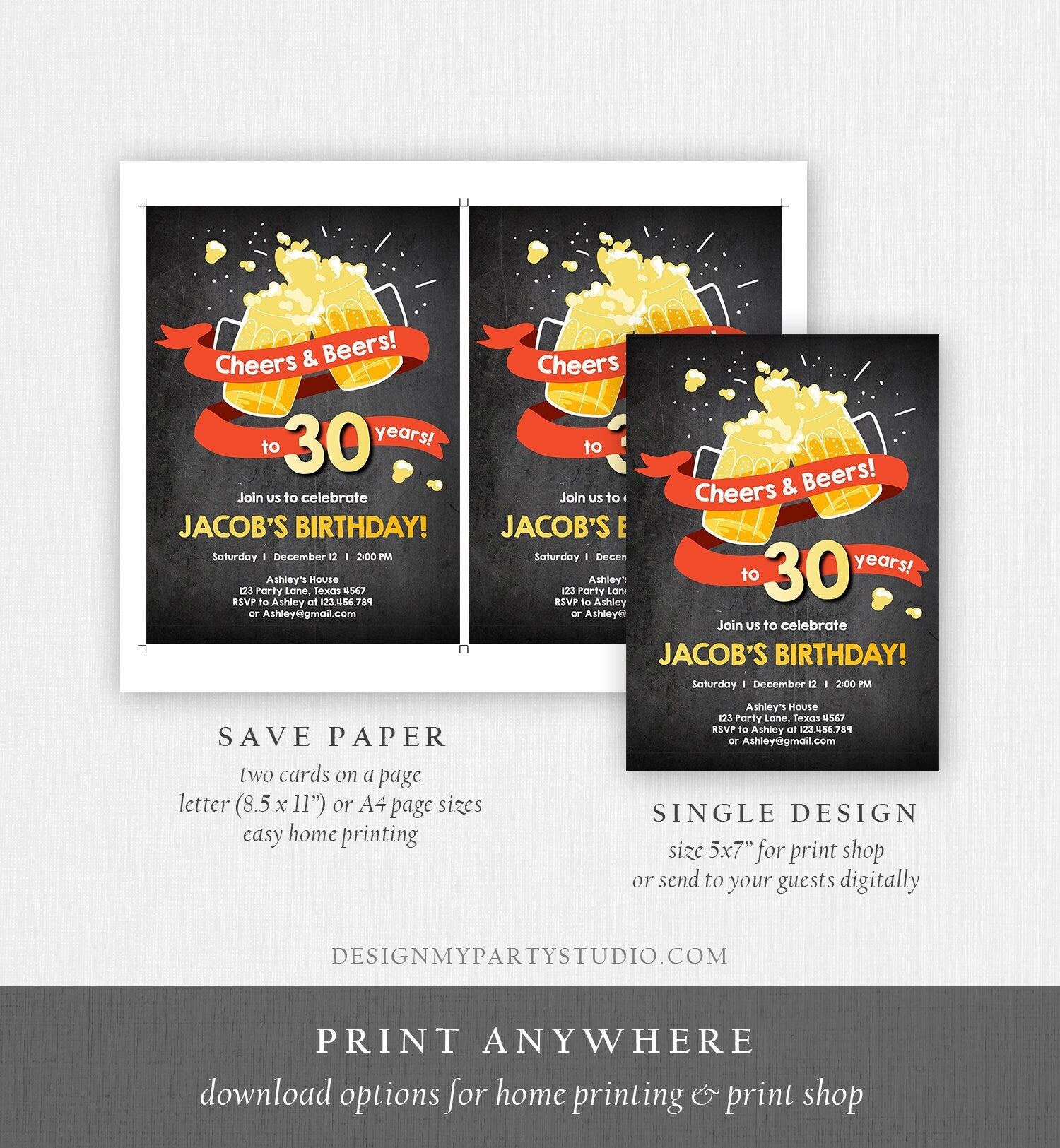 Editable Cheers and Beers Birthday Invitation ANY AGE Adult 30th 40th 50th Surprise Party Chalk Instant Download Corjl Template Printable