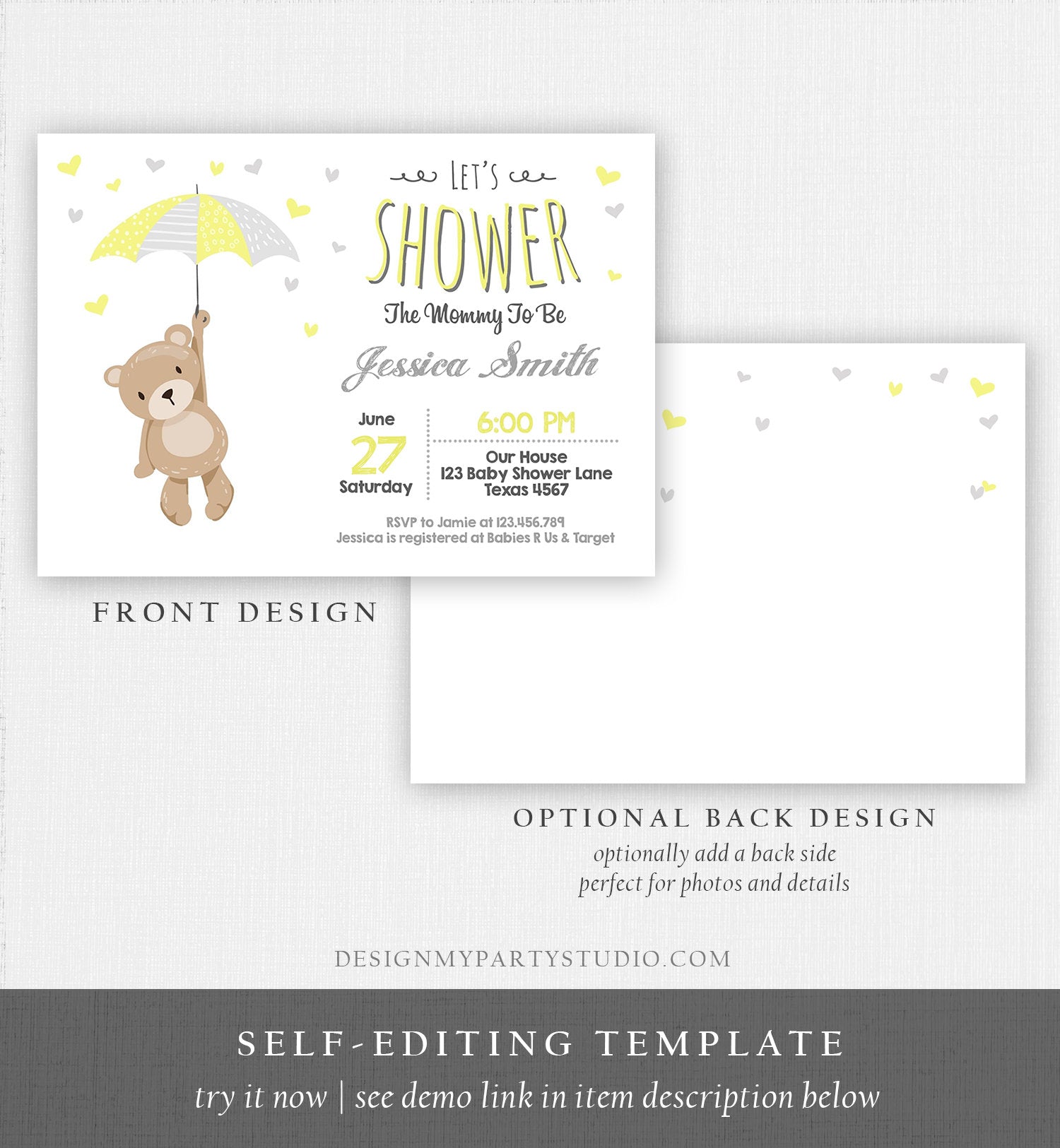 Editable Baby Shower Invitation Teddy Bear Cute Gender Neutral Yellow Bear Little Cub Woodland Template Instant Download Digital Corjl 0025