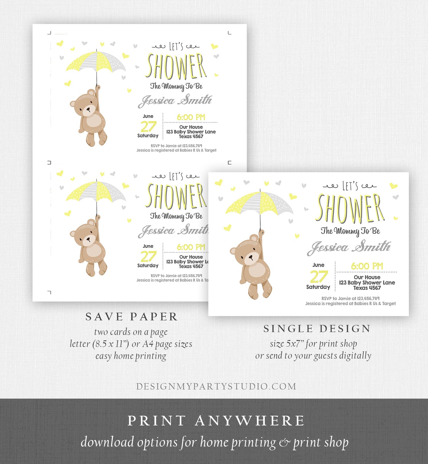 Editable Baby Shower Invitation Teddy Bear Cute Gender Neutral Yellow Bear Little Cub Woodland Template Instant Download Digital Corjl 0025