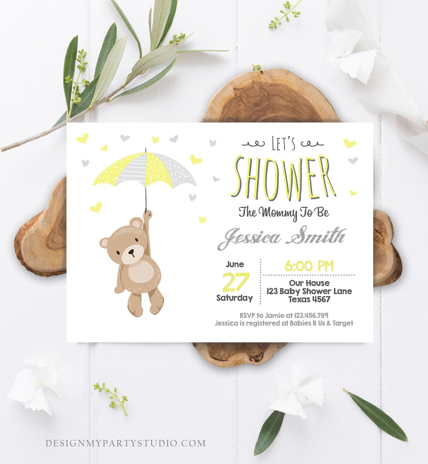 Editable Baby Shower Invitation Teddy Bear Cute Gender Neutral Yellow Bear Little Cub Woodland Template Instant Download Digital Corjl 0025